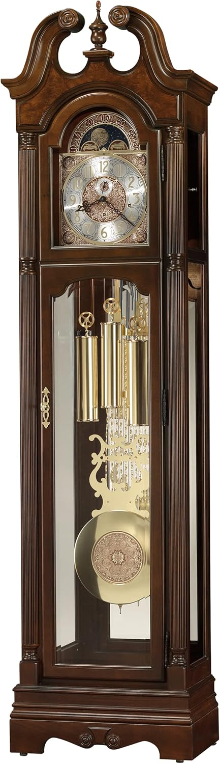 Howard Miller Armstrong Floor Clock 547-076 &ndash; Cherry Bordeaux Grandfather Vertical Decor with Illuminated Case &amp; Cable-Drive Single-Chime