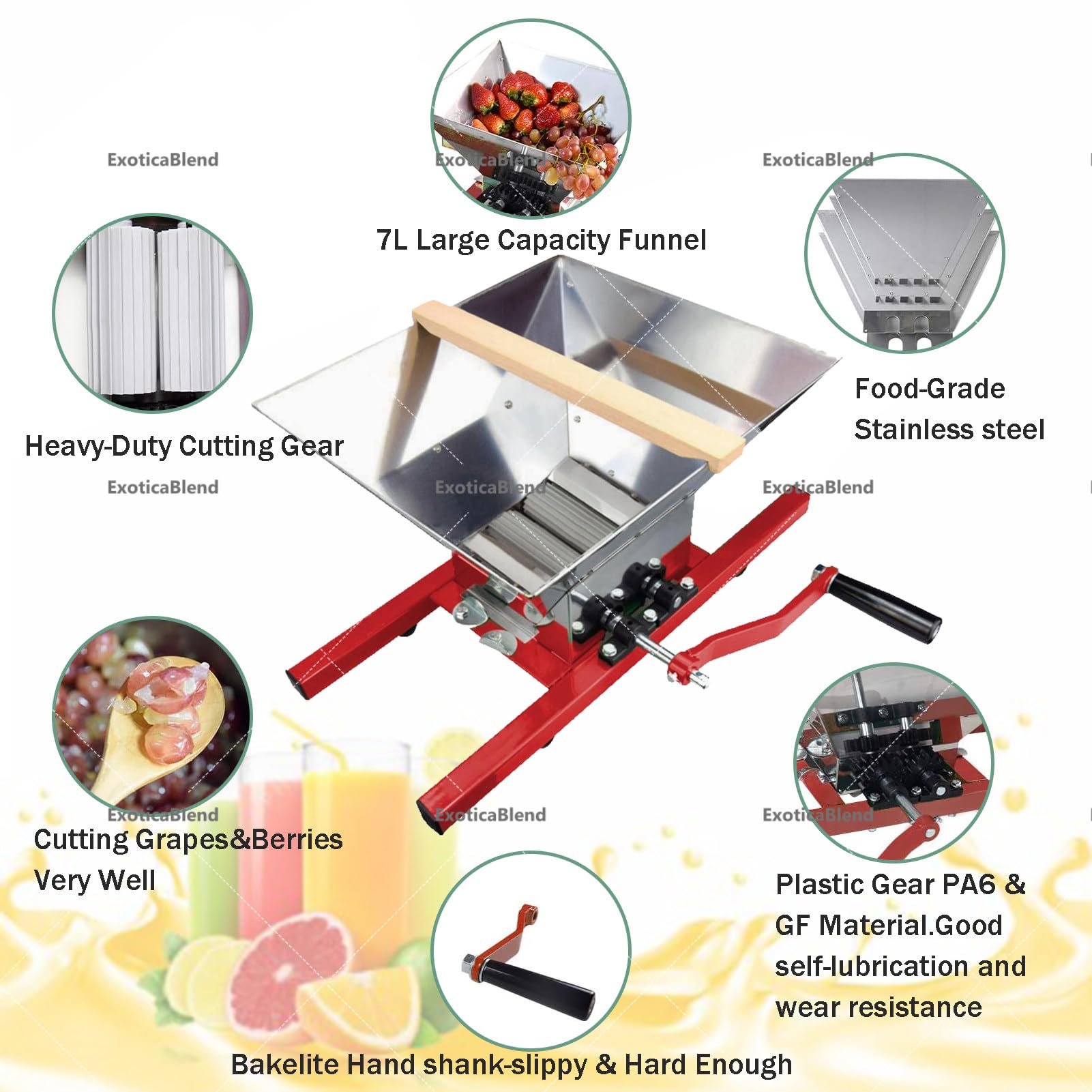 7-Liter-Obstmühle, manuelles Saft- und Apfelweinset, robuste Obstpresse und -zerkleinerer für Äpfel, Trauben und Beeren, ideal für die Apfel- und Apfelweinherstellung zu Hause Red