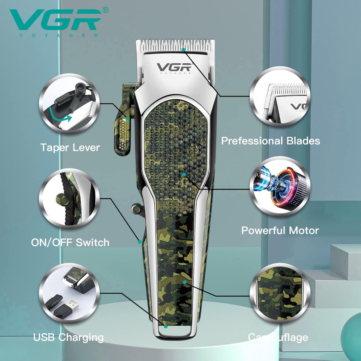 Diagram showing the VGR V-299 hair clipper with labels for its components: Taper Lever, Professional Blades, Powerful Motor, ON/OFF Switch, USB Charging port, and Camouflage design.