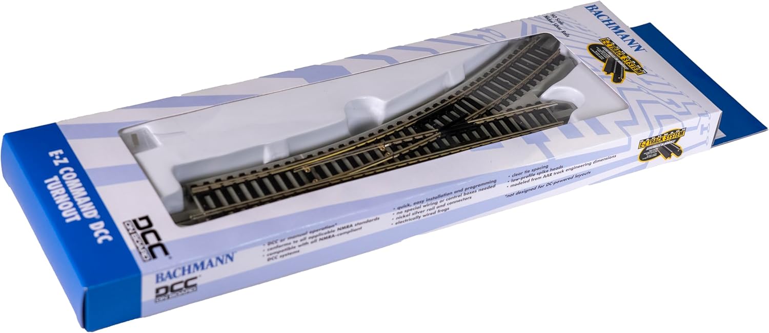 Bachmann Trains - E-Z COMMAND DCC EQUIPPED TURNOUT – LEFT - NICKEL SILVER E-Z TRACK With Grey Roadbed - HO Scale, Medium
