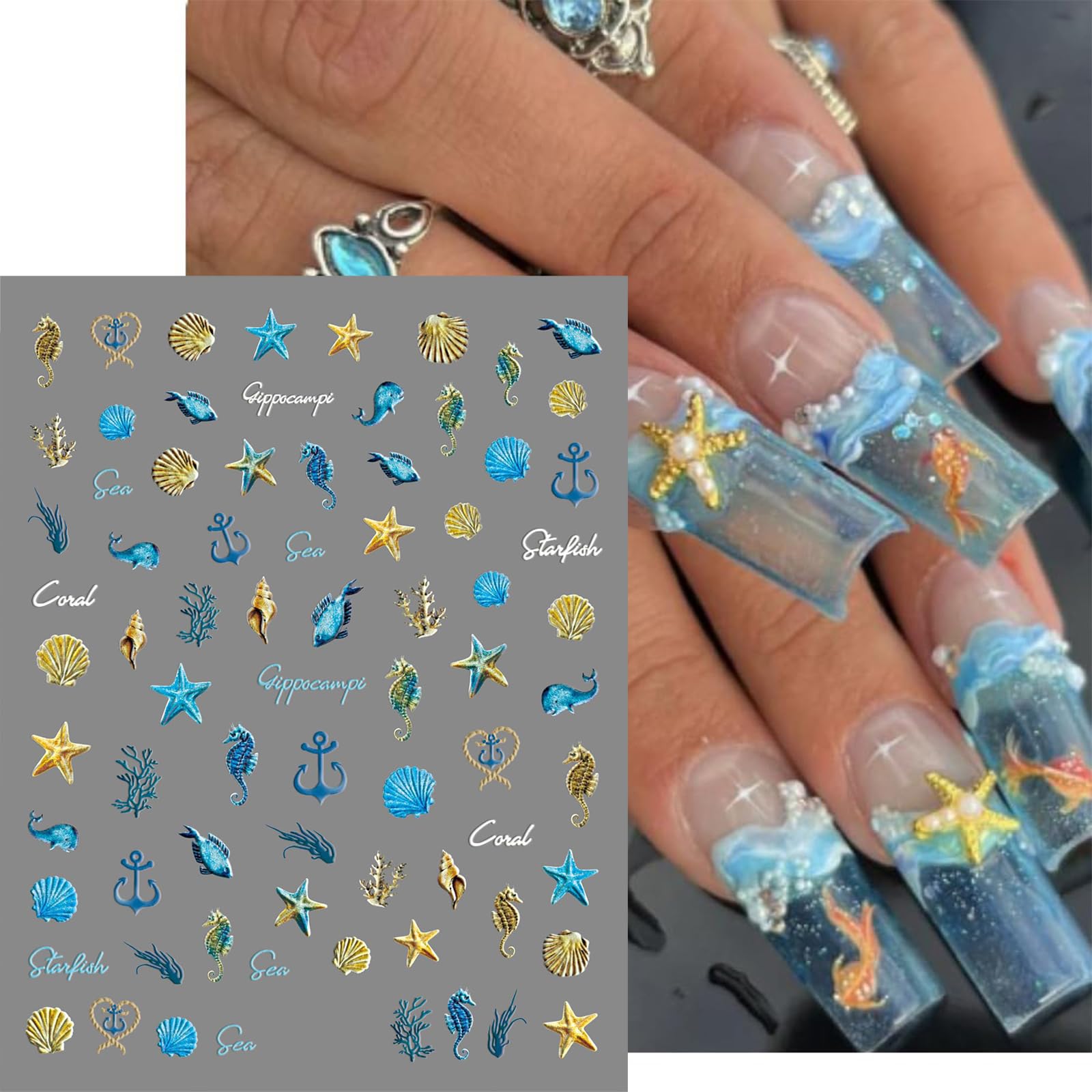 Irikdescia 2 Pezzi 5D Adesivi per Unghie con Rilievi di Stelle Marine, Adesivi Autoadesivi a Tema Marino per Decorazione delle Unghie, Accessori per Manicure e Nail Art