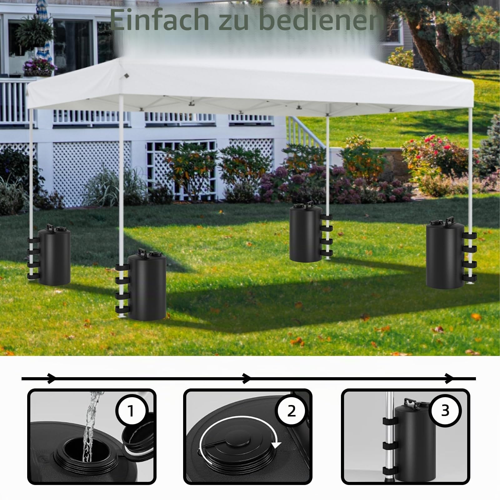 4er Set Wassergewichtstaschen, 80kg（20L*4）,4er Set Sandgewichtssäcke, Kann Wasser/Sand befüllbar, Wiederverwendbar, Universal Beingewichte für Pavillons/Gartenzelte/Festzelte, Schwarz, 24 * 45cm
