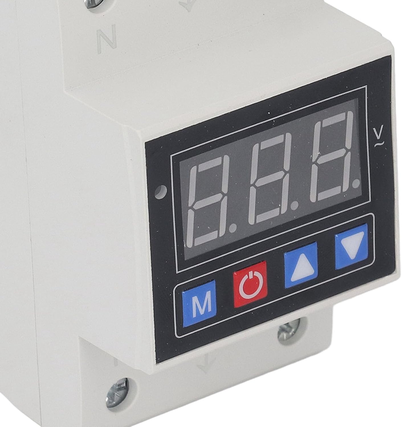 Close-up of the digital display and control buttons (M, Power, Up, Down) on the Marhynchus CHLT-712 Voltage Protector.