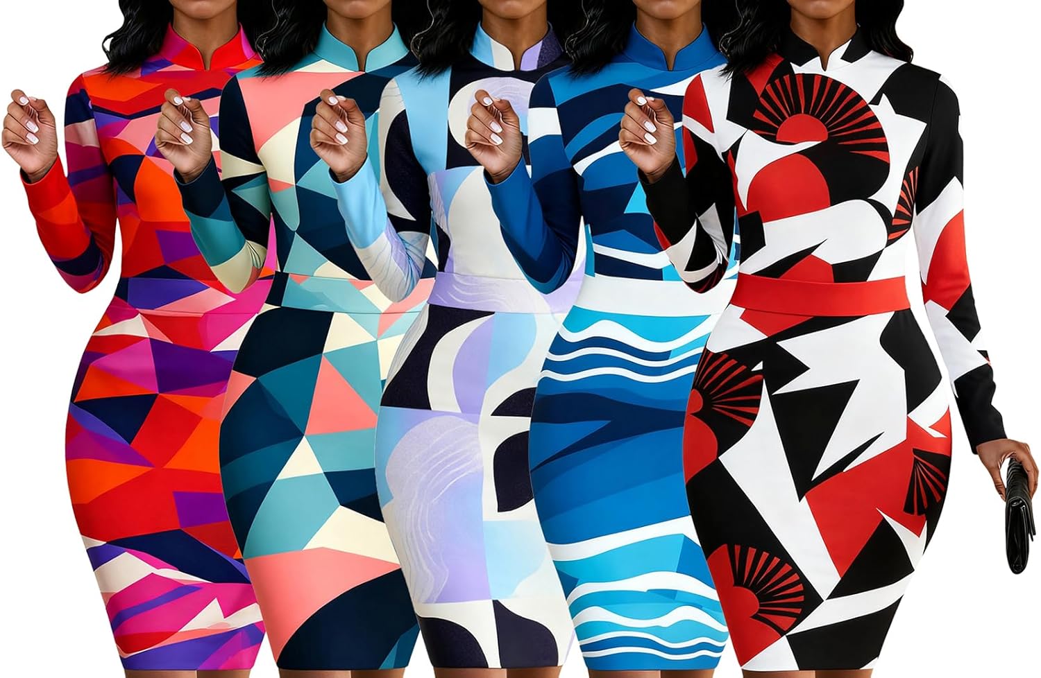 Women Bodycon Dresses Floral Print Pencil Work Dress Long Sleeve Mandarin Collar Midi Church Dresses - Image 5