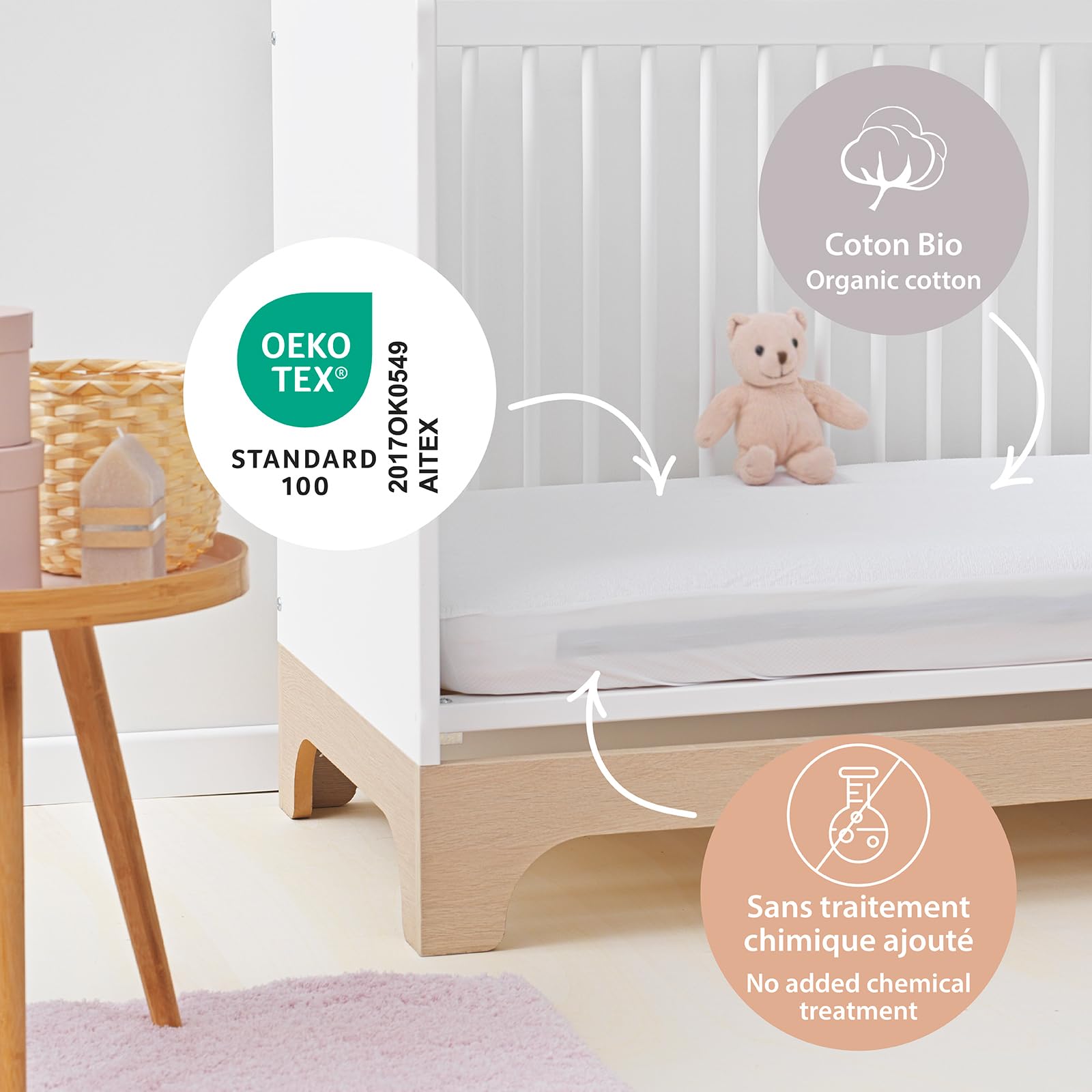 Kadolis - Alèse Bébé Imperméable Bouclette Coton Bio - Protège Matelas pour lit bébé 60x120 cm - Absorbante et Respirante - Etanche sans PVC - Certifié OEKOTEX
