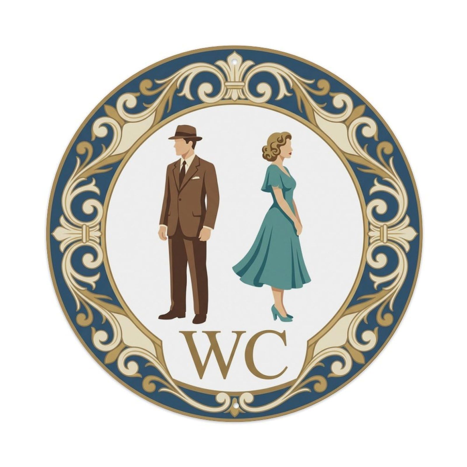 WC Restroom Notice Ivory Blue Baroque Metal Tin Sign