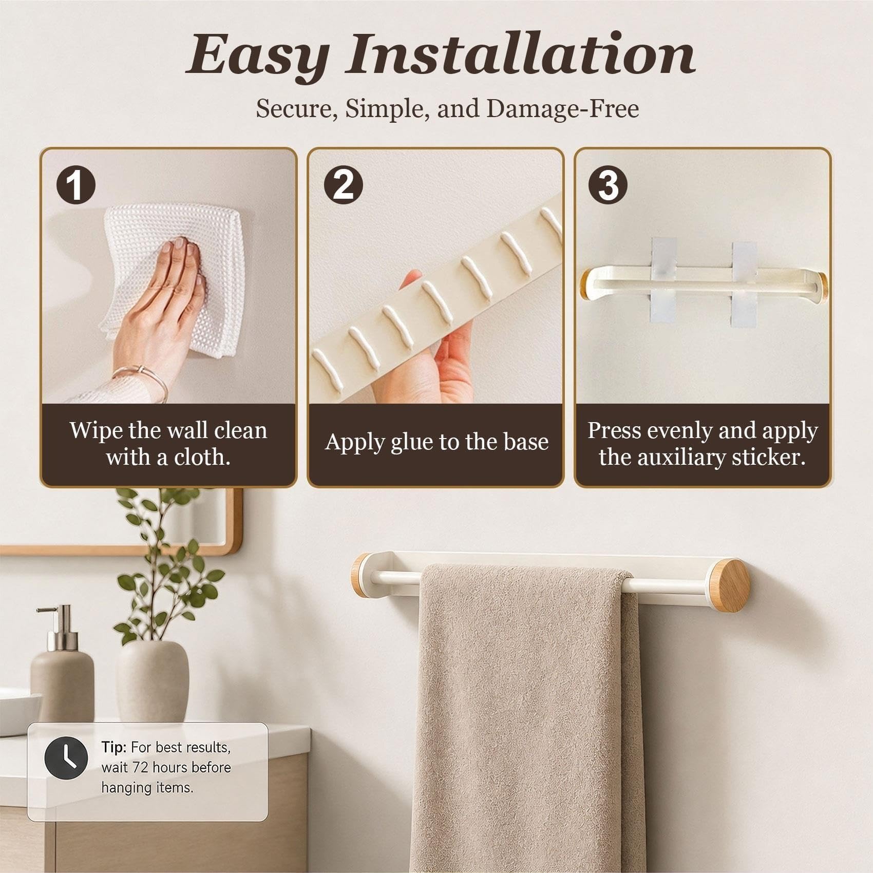 Portasciugamani Bagno Senza Foratura, Impermeabile & Antiruggine Adesivo | Barra Porta Asciugamani in Acciaio Inox e Legno, Organizzatore Salvaspazio a Parete per Cucina, 30/50/70cm(70cm/27.6in)