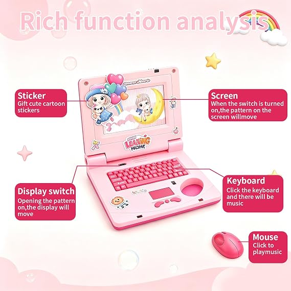 Interactive Toy Laptop, Featuring Lights, Sounds Educational Games, Fostering Creativity & Motor Skills Through Play, Simulated Laptop Learning Toy, Pretend Computer Toy with Keyboard Mouse, Pink