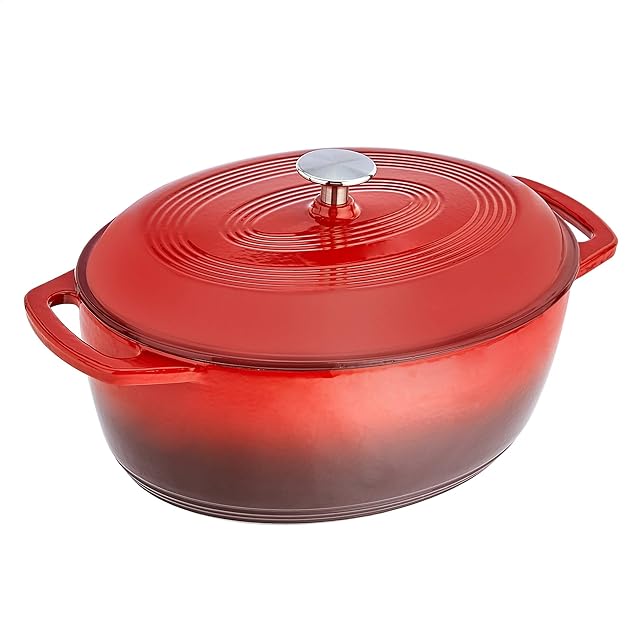 Amazon Basics SXO-7QTR Oval Enamelled Cast Iron Dutch Oven - 6.6 l, Red, 327 x 259 x 140 mm