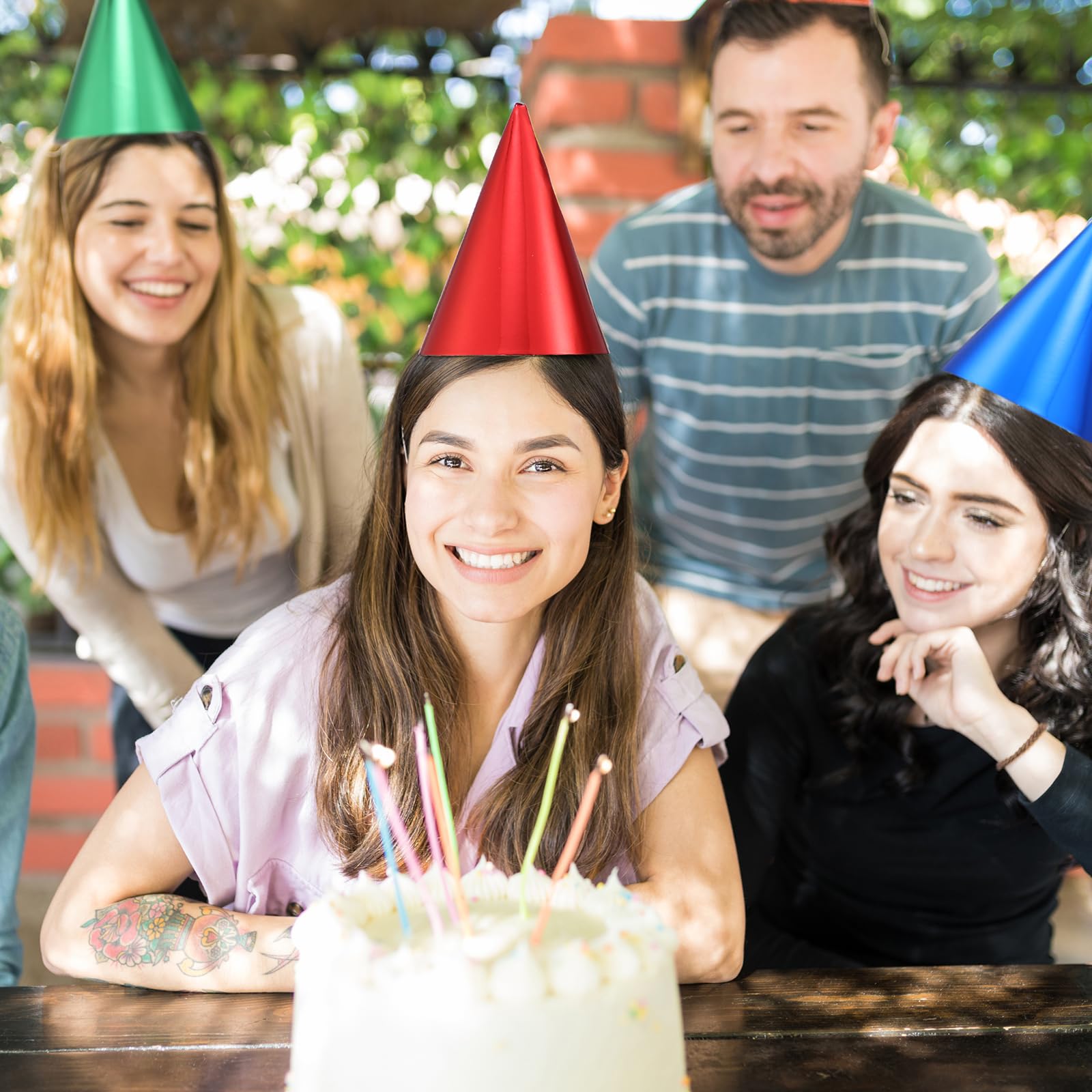 200 Pcs Birthday Party Hats Metallic Cone Bulk Multicolor Paper Hat with Elastic String for Youth Adults Pets, Gold, Silver, Red, Blue and Green