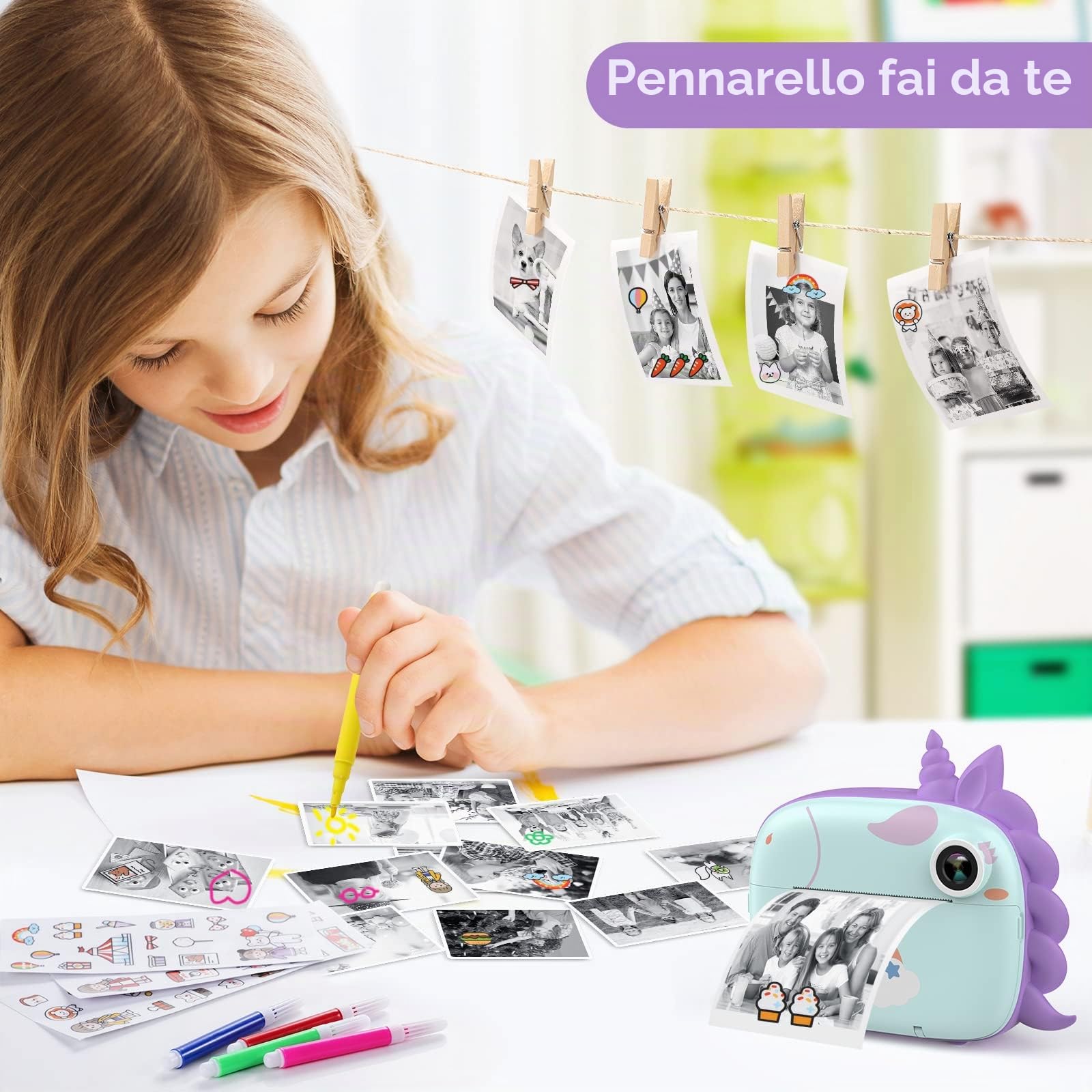 HiMont Fotocamera istantanea per bambini, fotocamera digitale con carta da stampa e scheda TF da 32 G, penne colorate e clip per foto fai da te, regalo per bambini dai 3 ai 14 anni (verde)