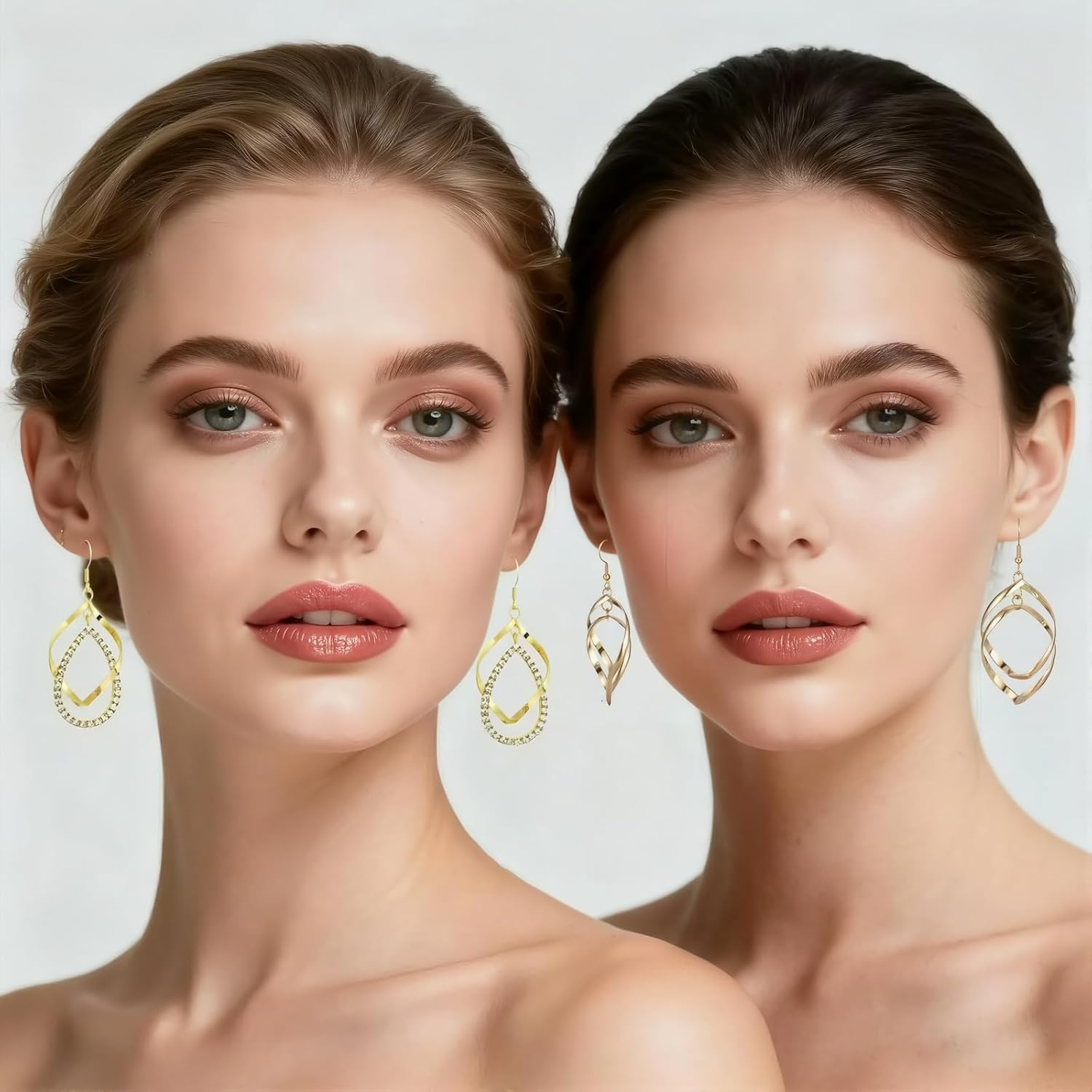 Two Pairs of Teardrop Dangle Earrings, Gold/Silver Color Shiny Earrings for Women, Statement Twisted Double Linear Earrings Silver Color - Image 3