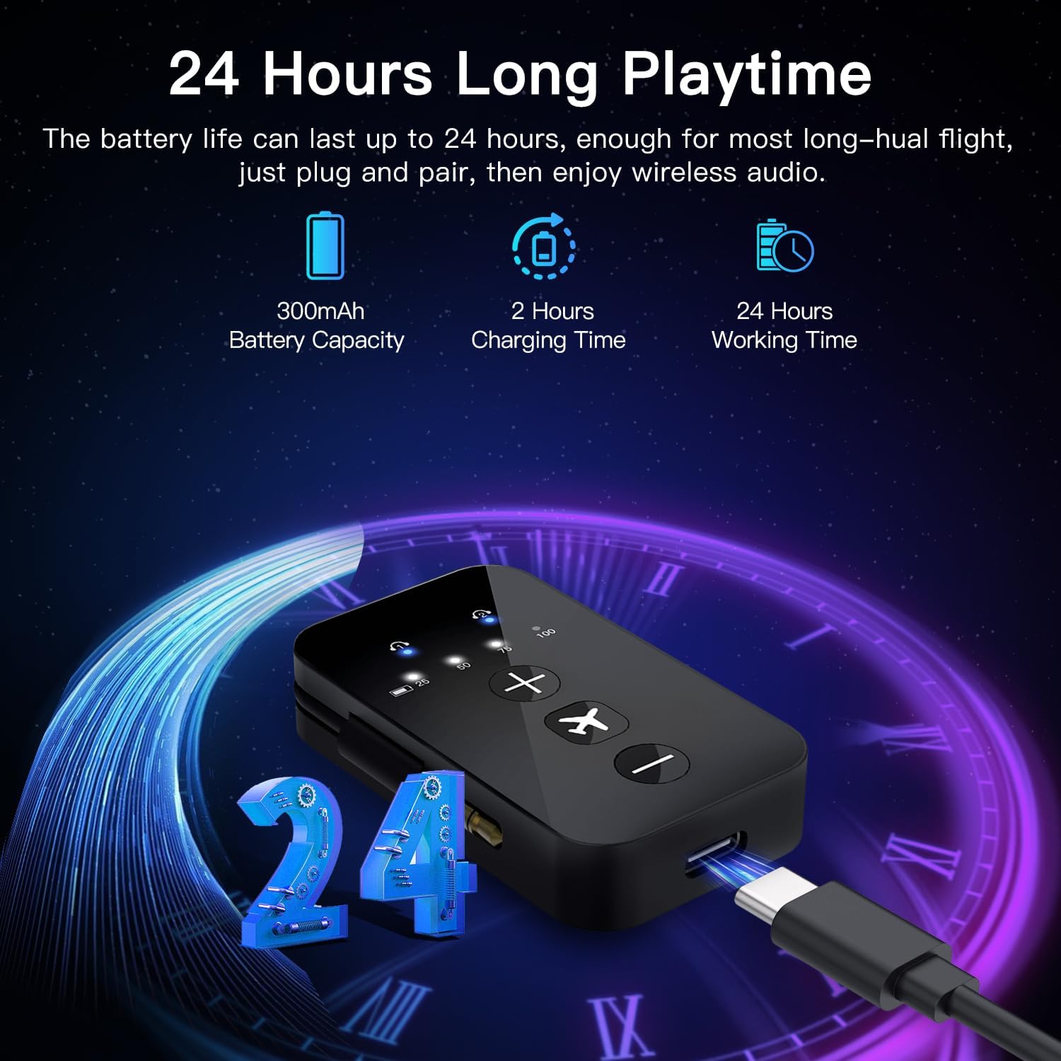 iDIGMALL HT05 being charged via USB-C cable, with battery indicators showing 24 hours playtime.