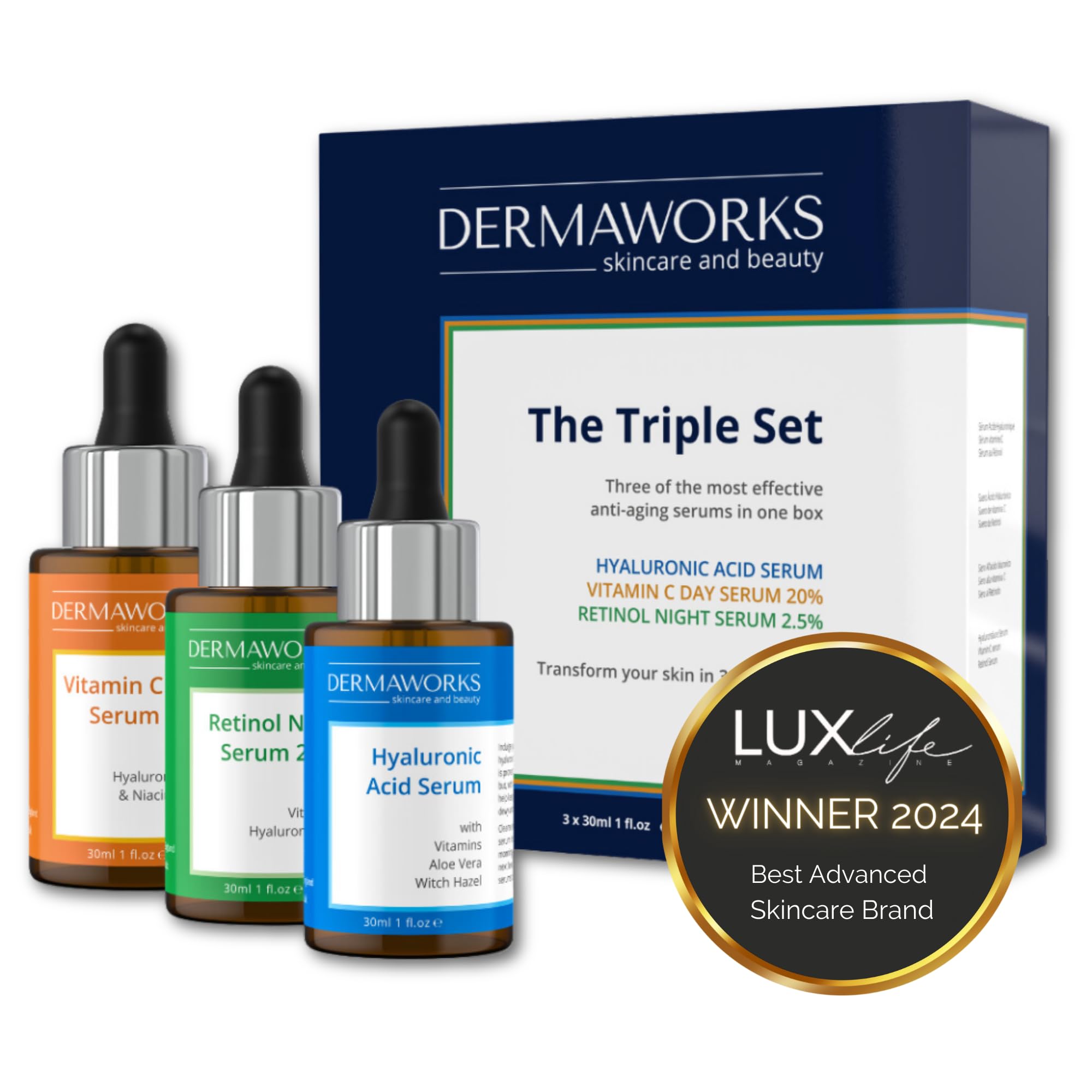 DERMAWORKS Serum Skincare Kit Serum Vitamina C 20% Serum Acido Hialuronico Serum Retinol 2.5% Serum Hidratante para Una Piel Más Brillante Set Regalo Mujer Serum Facial Antiedad, Antiarrugas