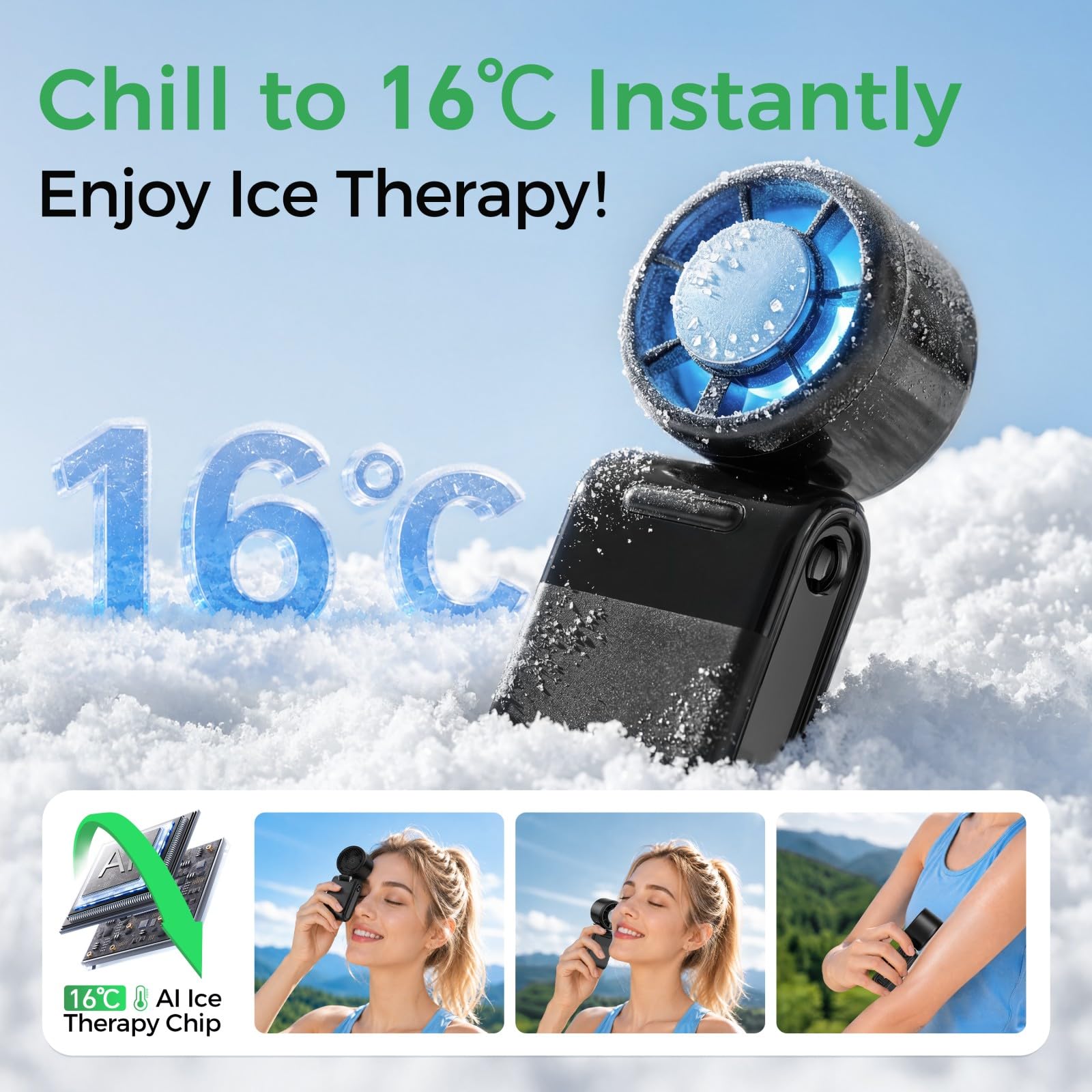 MERTTURM Wentylator Przenośny z Funkcją Chłodzenia Lodem 16℃, 100 Poziomów Prędkości, Silny Podmuch 9,9 m/s, Mini Wentylator USB 3 w 1 (Ręczny, na Szyję, na Stolik) do Podróży, Kempingu, Czarny