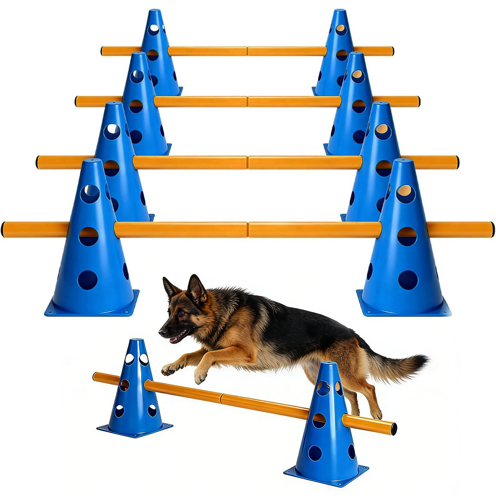 Agility Set Cani Piccoli Cavaletti Cani Set Agility Accessori per Addestramento Cani Cavalli, Set di ostacoli per Cani, Set di 10 Coni, 5 Barre per Esercizi di Allenamento