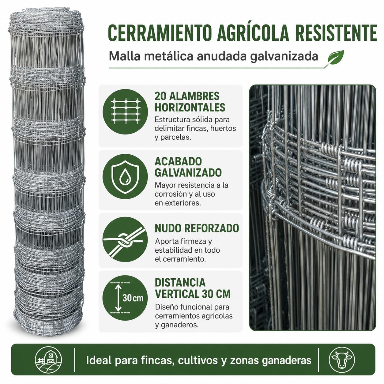 Malla Anudada Galvanizada, Cercado Agrícola y Ganadero, Alambre para Vallas de Animales - 140 cm - 11x15 cm - 50 m