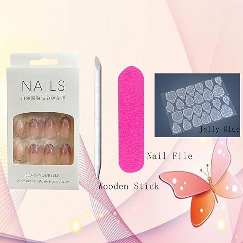 Miniatura 6 de Uñas postizas a presión ovaladas medianas, uñas postizas artificiales con diseño de lentejuelas de diamantes de imitación, cobertura completa,