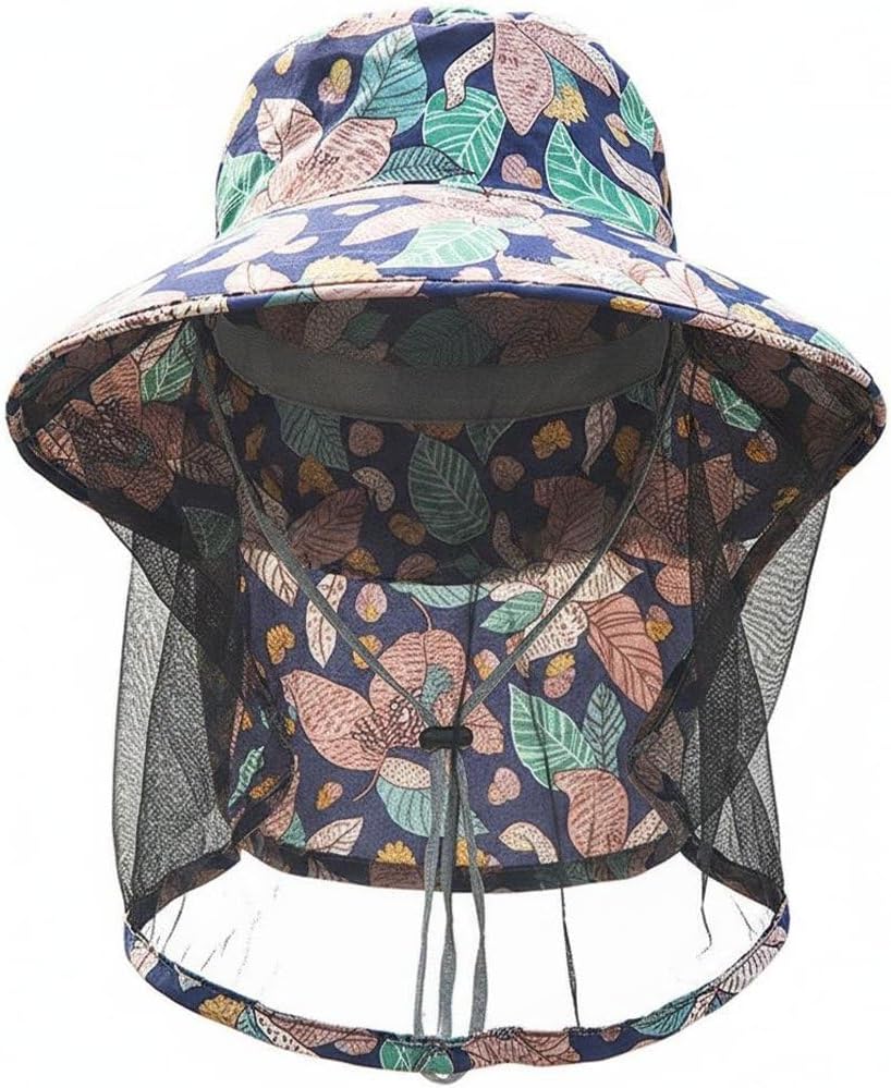 Floral Fishing Bucket Sun Hat with Net, Concealable Mesh, Drawstring Adjustable Skirt and Wind Cord