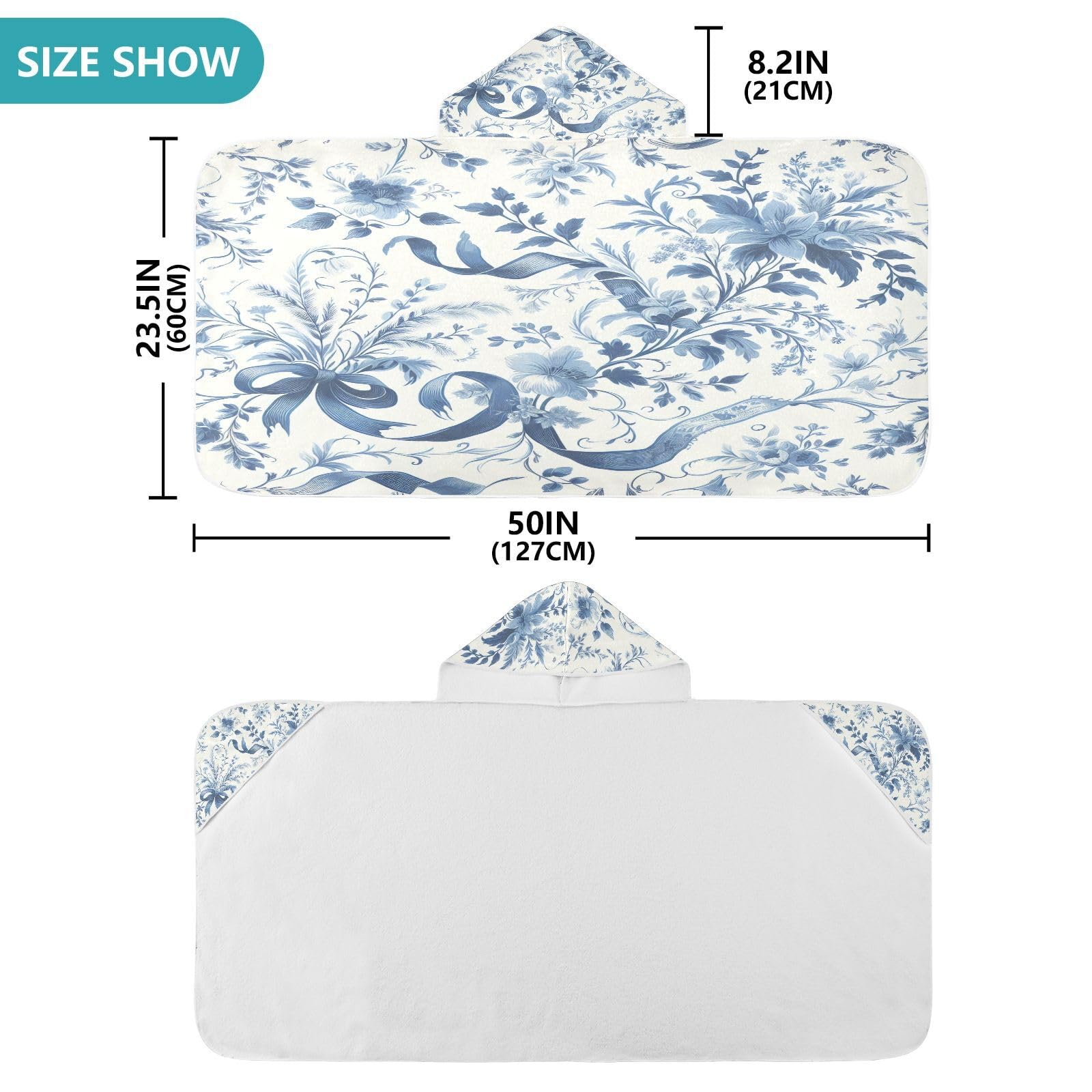 Kigai Blue Flowers Kids Hooded Towel, 24x50 in Bath/Pool/Beach Soft Absorbent Hooded Towel Wrap for Toddler Kids