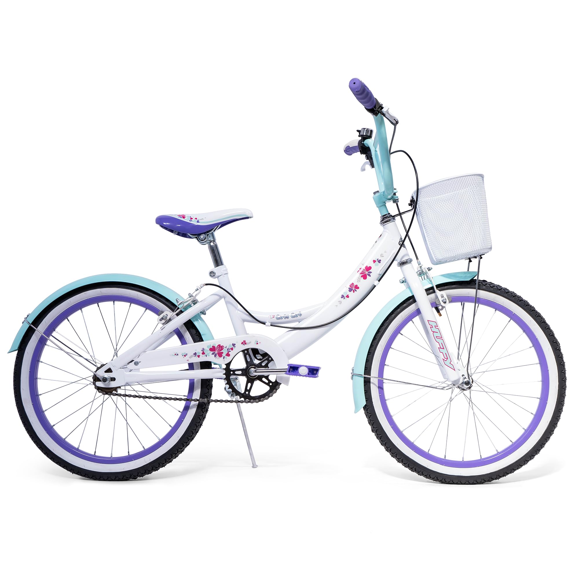 Huffy Girly Girl - Bicicleta para niñas de 20 Pulgadas + Cesta, Color Blanco, Azul y Morado de 6 a 9 años.