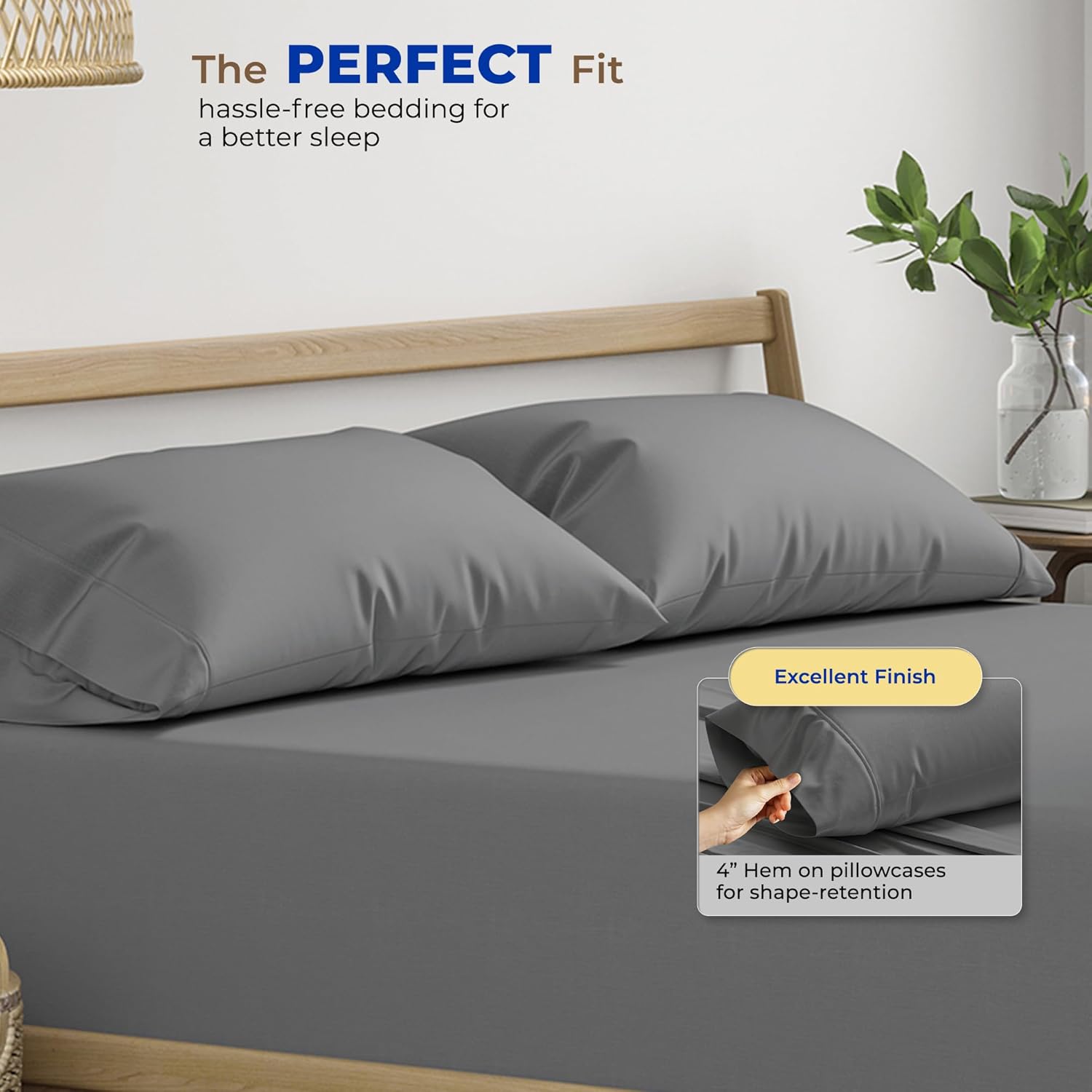 Thread Spread 100% Egyptian Cotton Pillow Cases Queen Size Set of 4 - Luxury 600 Series Bliss Collection Queen Pillow Cases (Pack of 2, Dark Grey), Hotel Cotton Pillowcases, Sateen Finish