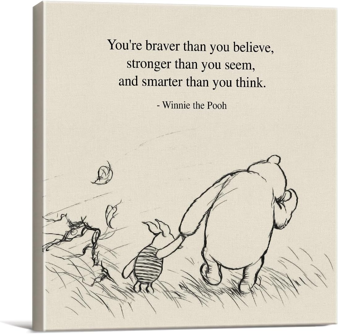 Classic Winnie the Pooh Quote Wall Art Decor Retro Braver Stronger Smarter Positive Sayings Canvas Painting Pictures Framed Print Sign Artwork Ready to Hang (8x8 Inches)