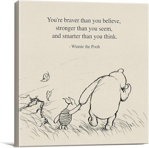 Arte de pared clásico con cita de Winnie the Pooh, decoración retro, dichos positivos "Más valiente, más fuerte, más inteligente", pintura en