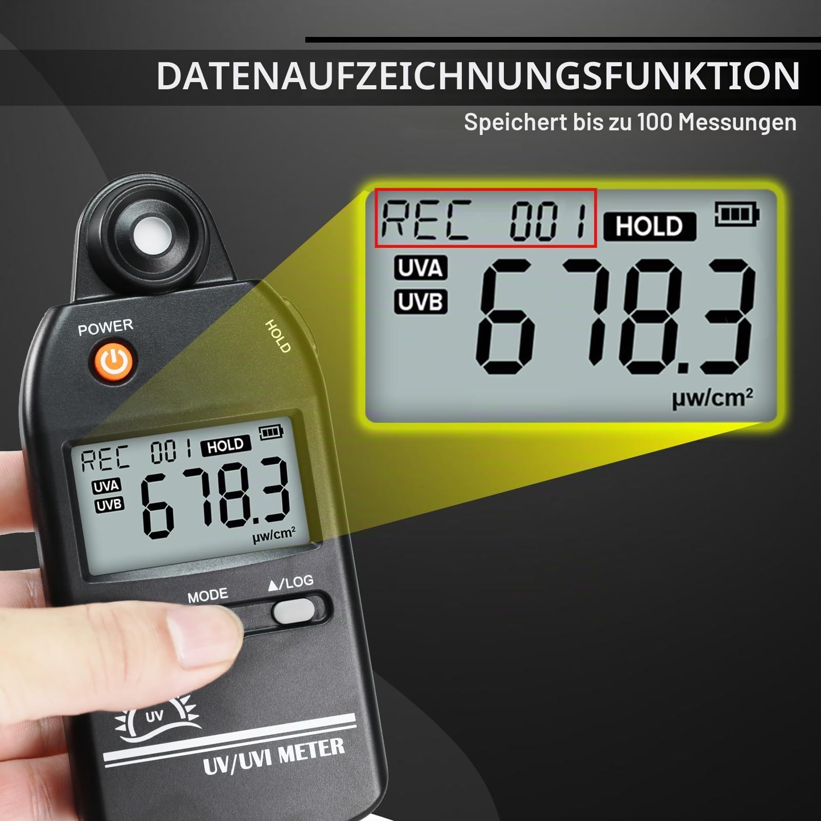 UV Meter Digital UVB Messgerät 280-400nm UV Index Meter 0-5000μW/cm² UV Detektor 100 Gruppen Datensatz für Reptilien