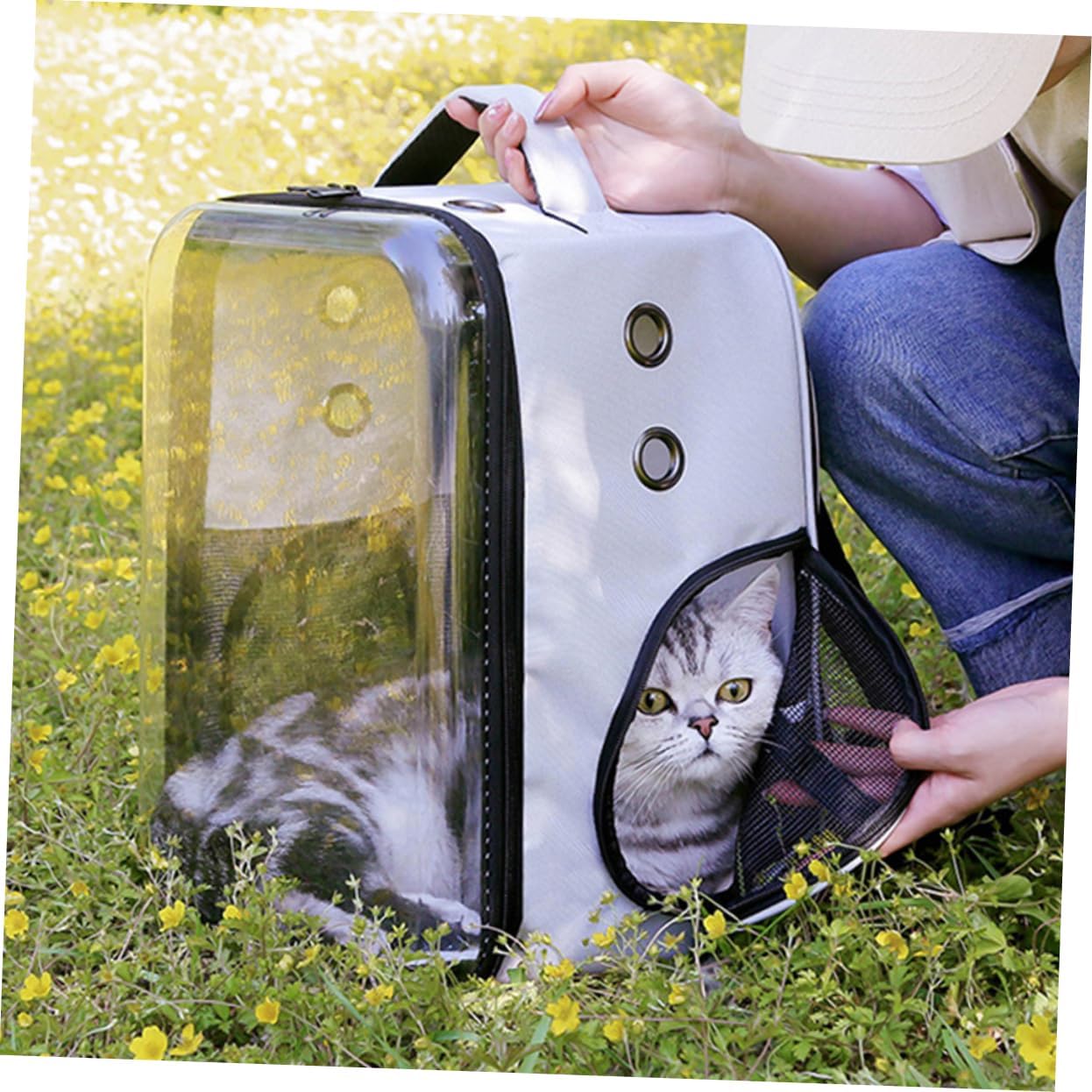 1Pc Transparent Foldable Pet Portable Dog Travel Backpack for Pets Grey for Outdoor Adventures with Comfortable Shoulder Straps