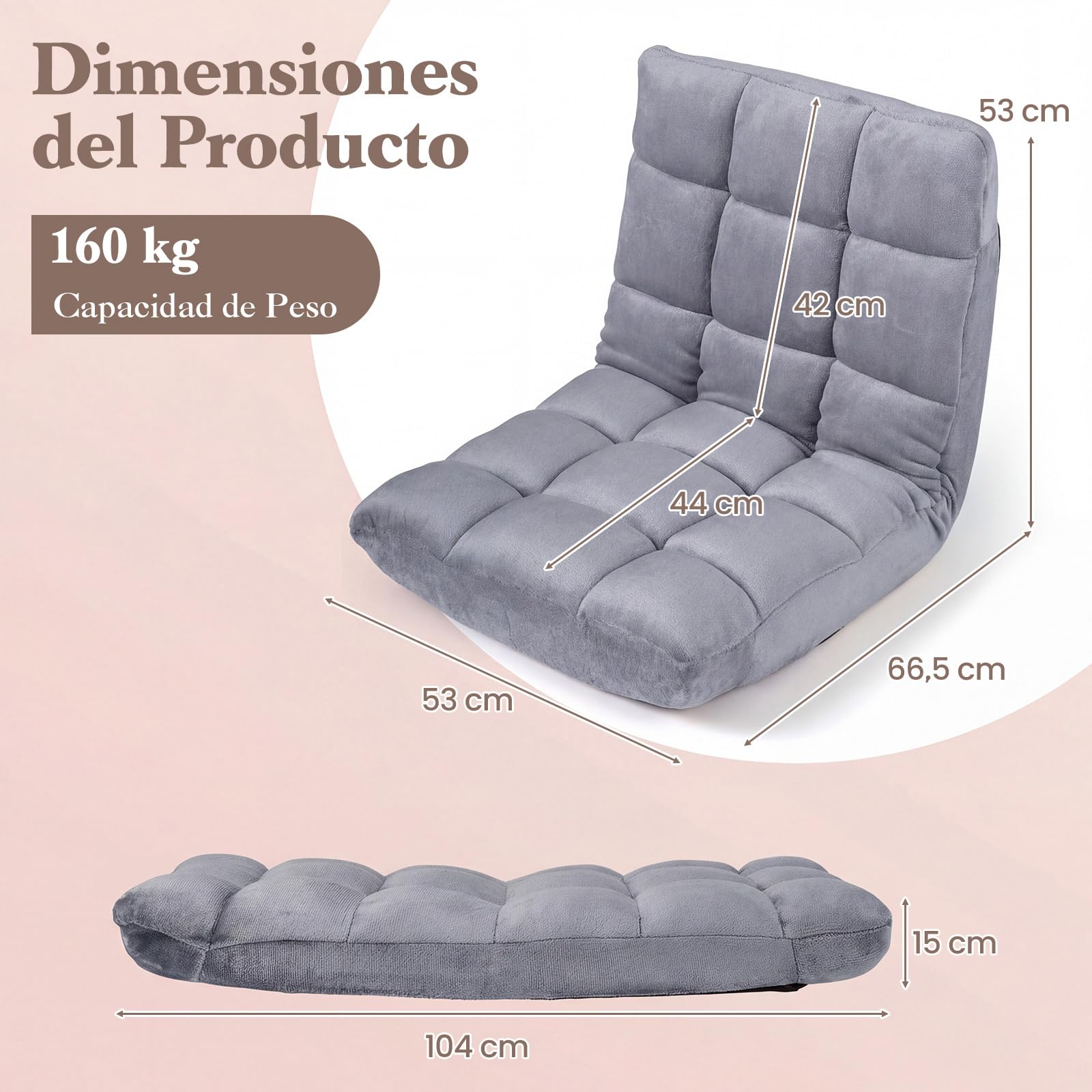 COSTWAY Sofá Suelo Plegable con Respaldo Ajustable en 14 Posiciones (Gris)