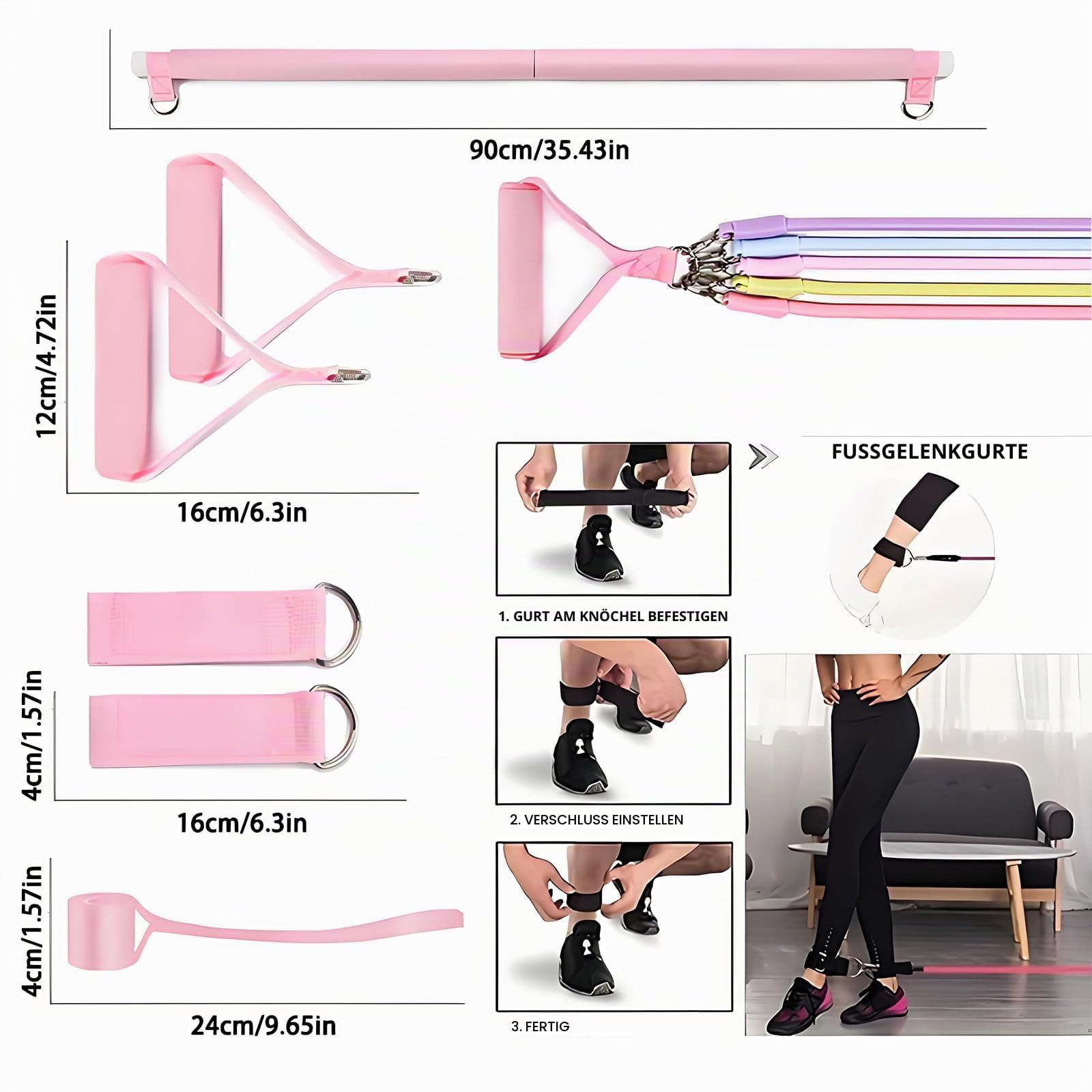 Pilates-Stange & Fitnessband Set 12-in-1 20-125 LBS Widerstand 5-Stufen - Pink