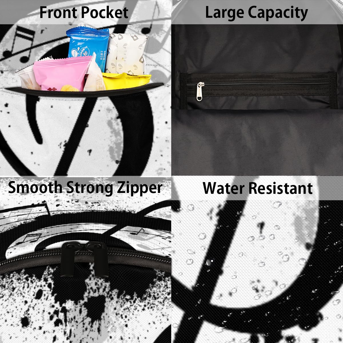 TropicalLife Noten-Rucksack für Herren, Damen, Mädchen, Jungen, Kinder, schwarz, Musiknoten, lässiger Rucksack, 17,4 l, Rucksack, Schule, Büchertasche, Reisen, Laptop-Tasche, Tagesrucksack, farbig,
