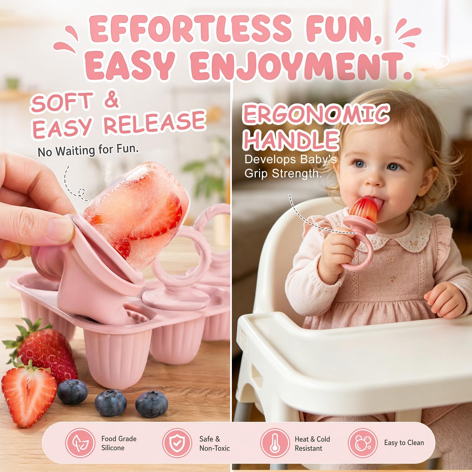 Molde Helado Bebe, 6x 17ml Moldes Helados Silicona Libre De BPA, Moldes Helados Con Palos Dentición, Ideal Para Bebe Manos Pequeñas (Rosa)