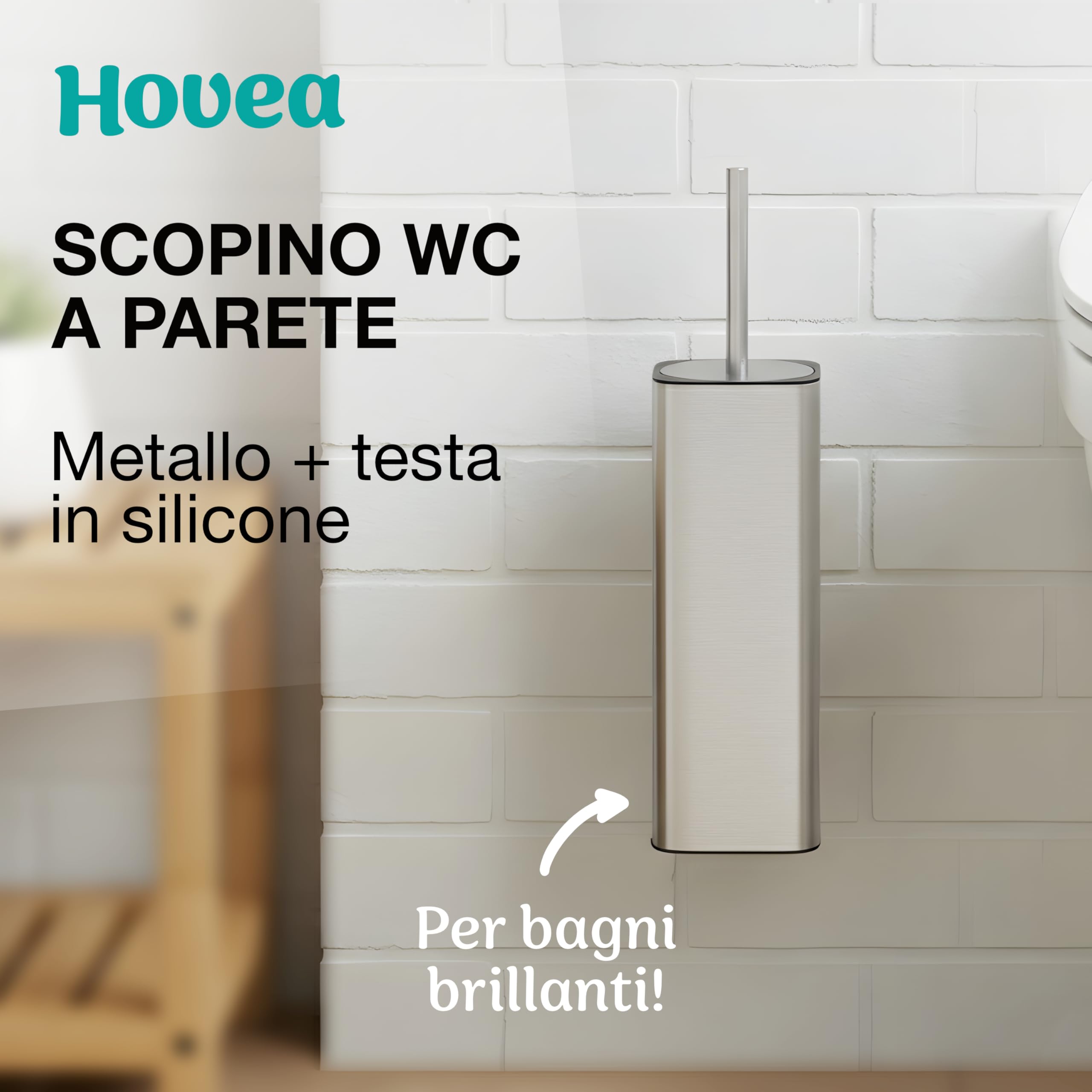 Scopino WC Sospeso - Scopino Silicone e Metallo - Nessuna Foratura - Montaggio a Parete con Adesivo o Vite - Acciaio Inox 304 - Porta Scopino Bagno WC - WC3681