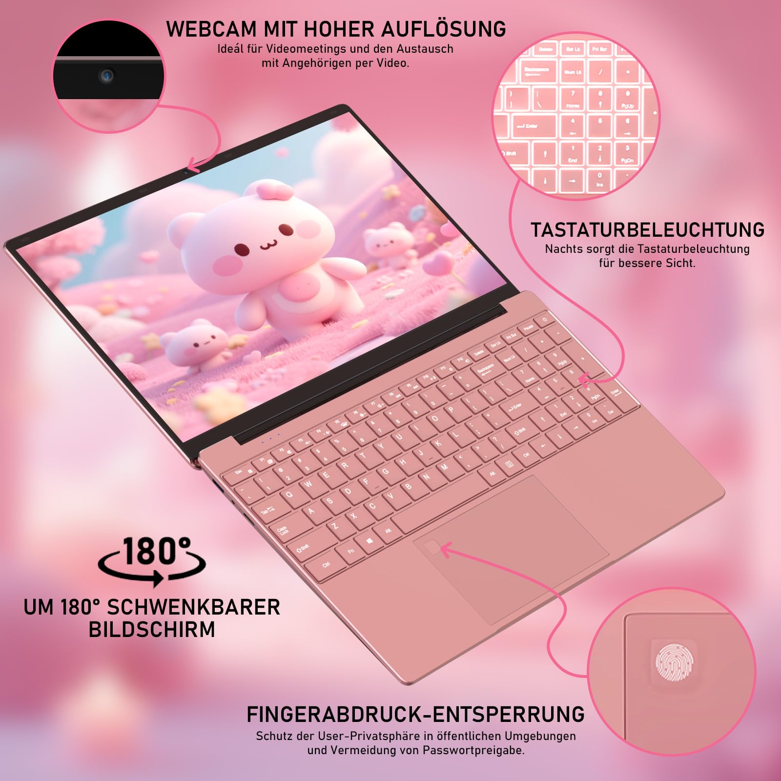Notebook 15,6 Zoll FHD IPS in Roségold, schlankes Laptop für Office & Studium mit Fingerabdruck, beleuchteter Tastatur, 8GB DDR4 RAM, 256GB PCIe SSD, 5G WLAN, Bluetooth 4.2