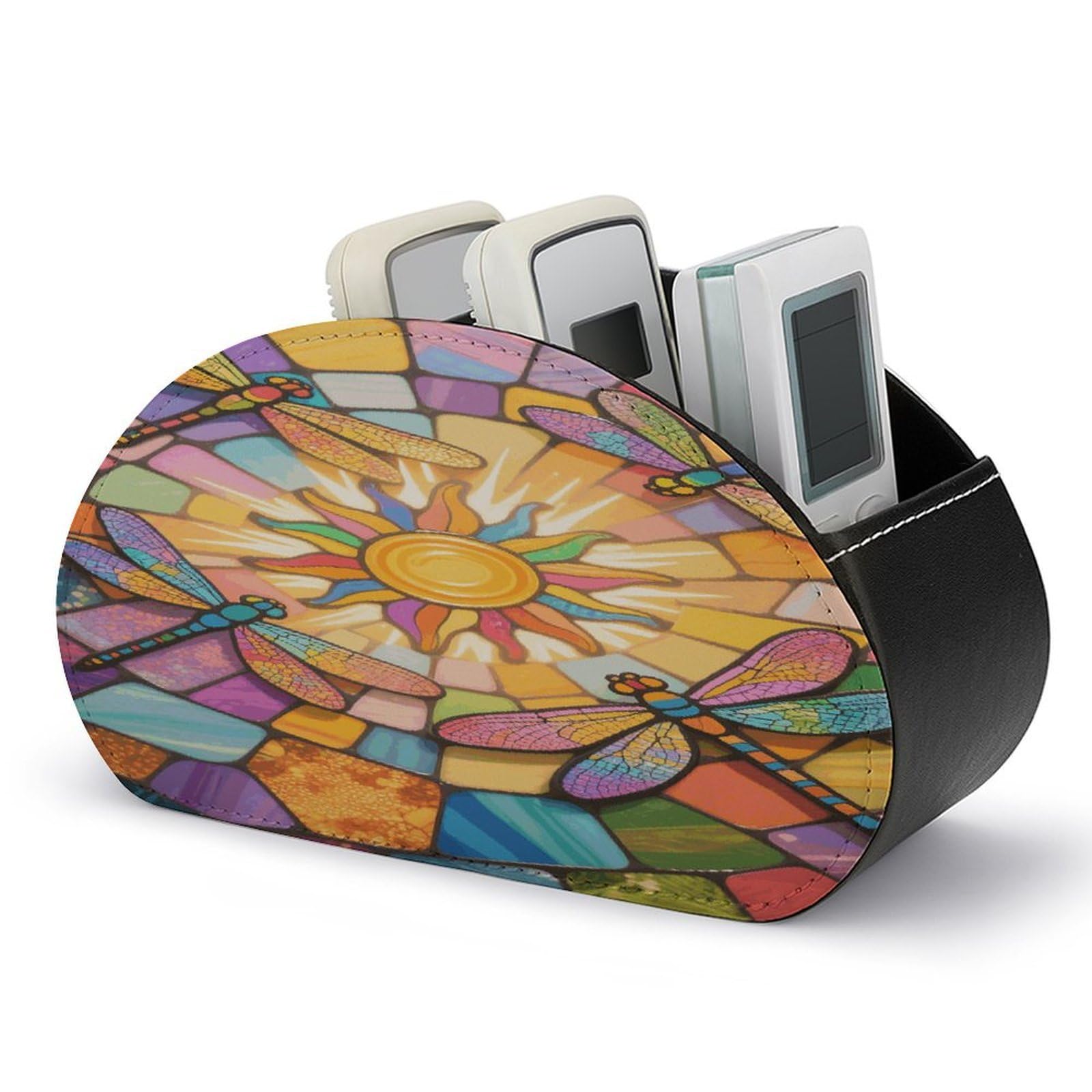 VstaDank Stained Glass Dragonfly Remote Control Holder with 5 Compartments PU Leather TV Remoter Caddy Desktop Organizer TV Remote Holder Remote Box for Media Controllers Office Supplies