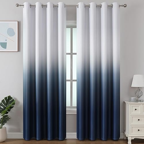 Miniatura 9 de Estelar Textiler Cortinas opacas degradadas de 84 pulgadas de largo, juego de 2 paneles para sala de estar, azul marino y blanco grisáceo, ahorro de