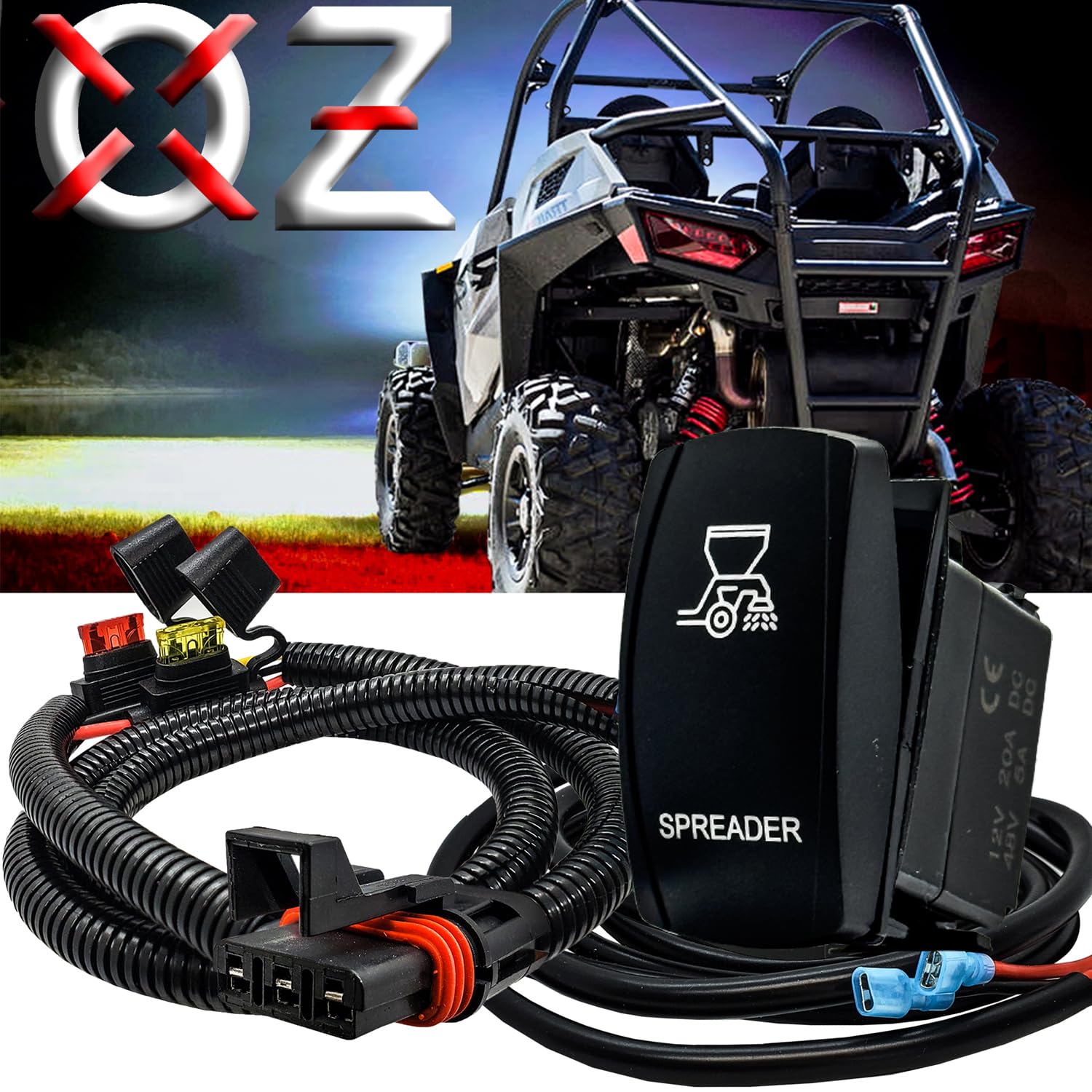 OZ-USA Spreader Momentary On/Off Rocker Switch with Pulse Power Busbar Plug Wiring Harness Kit Compatible with Polaris RZR PRO XP Ranger Crew General Xpedition ADV