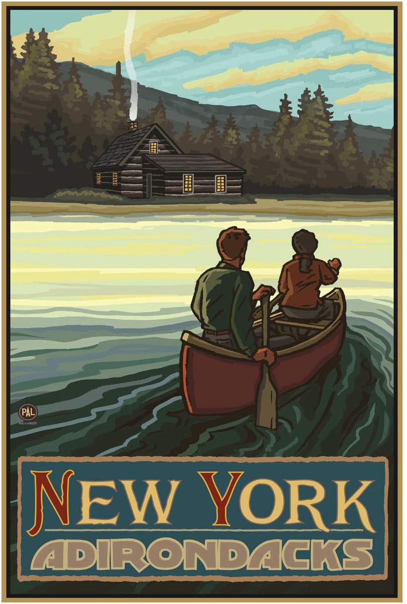 New York Adirondacks Lake Canoers Hills Giclee Art Print Poster from Travel Artwork by Artist Paul A. Lanquist 12" x 18"