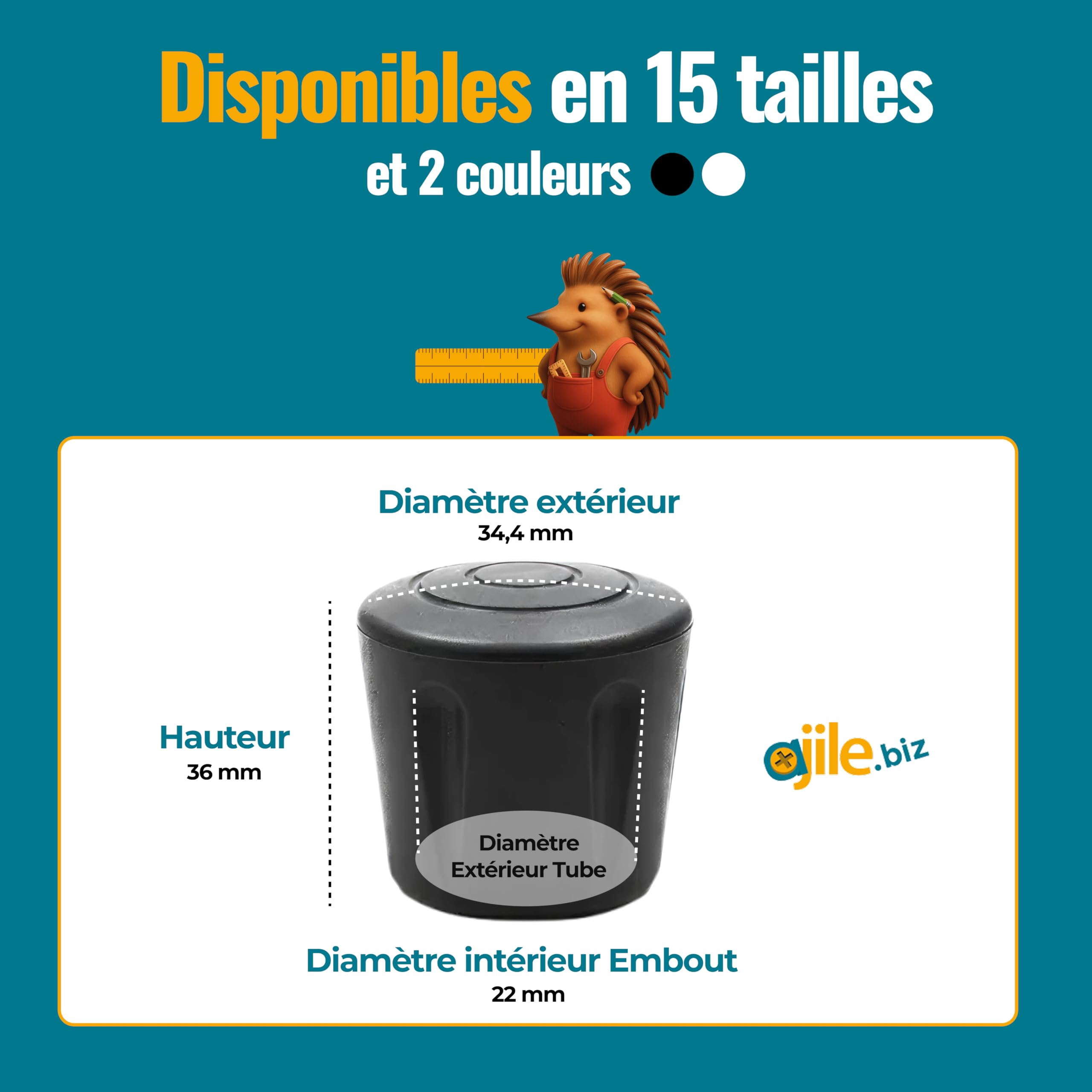 Ajile - 16 pcs - Protection Pied de Chaise et Table – Patins épais Antidérapants et Résistants - Embout à insérer - Protège Sols et Meubles - Tampon en Caoutchouc Noir Ø22 mm - Fabriqué en Europe