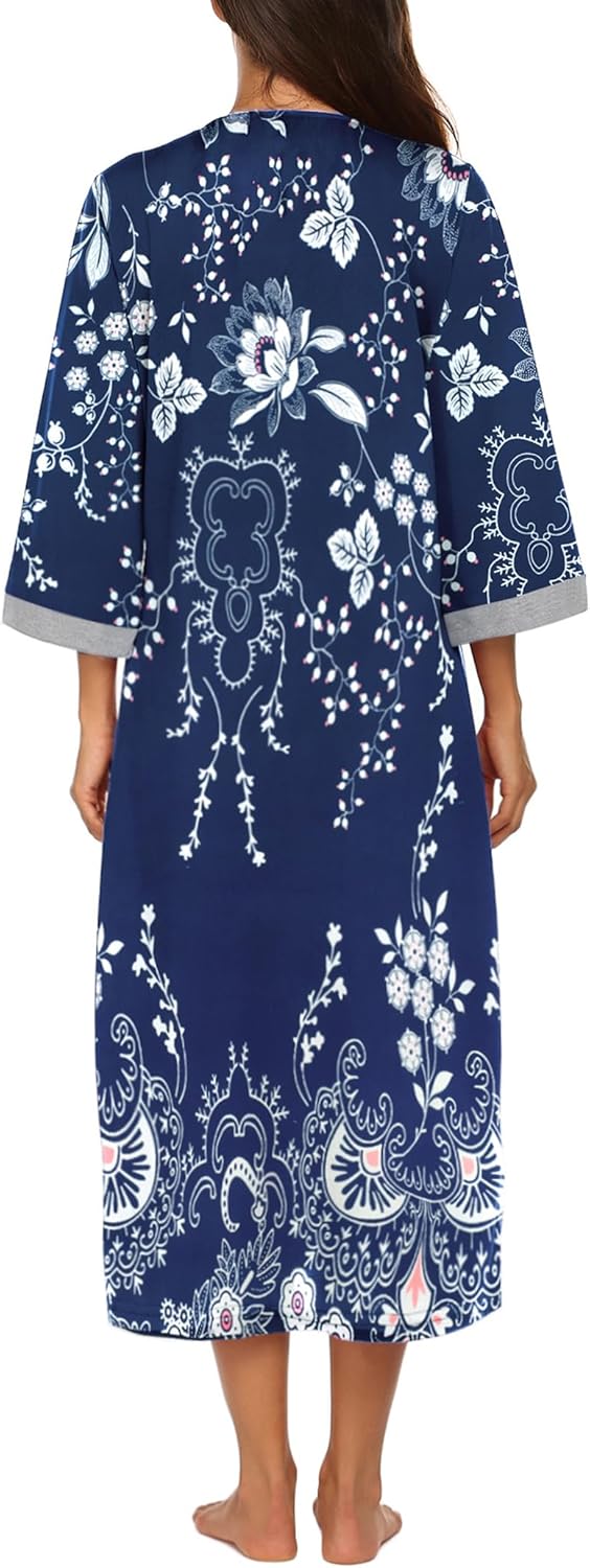 Ekouaer Women Zipper Robe 3/4 Sleeves Loungewear Dress Full Length Sleepwear Pockets Housecoat Nightgown Long Bathrobe - Image 4