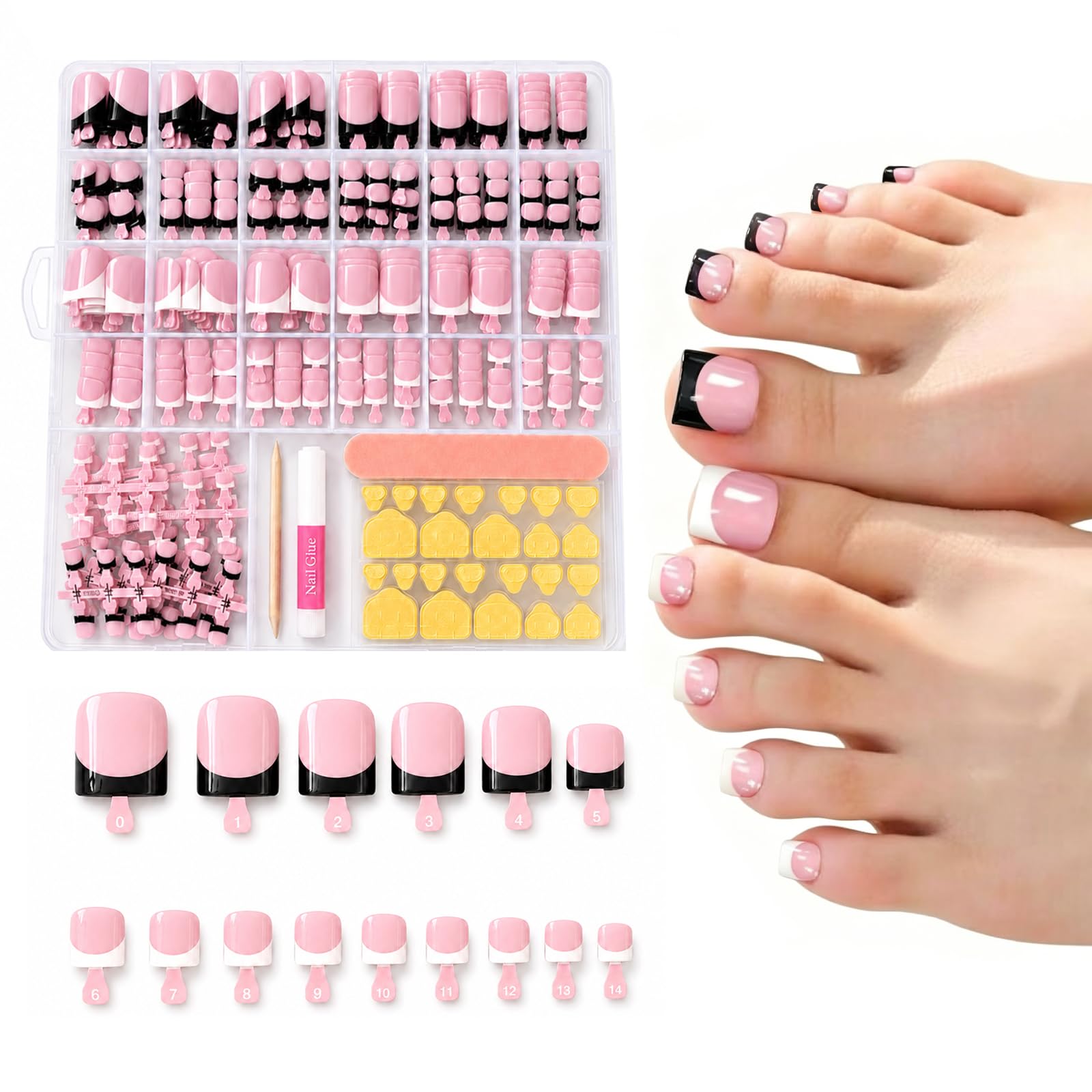 300Pcs Press on Toenails - 15 Sizes Short Square French Tip Fake Toenails, Black and White Glue on Toe Nails Kit for Women, Natural Press On Toe nails for Big Toe White+Black
