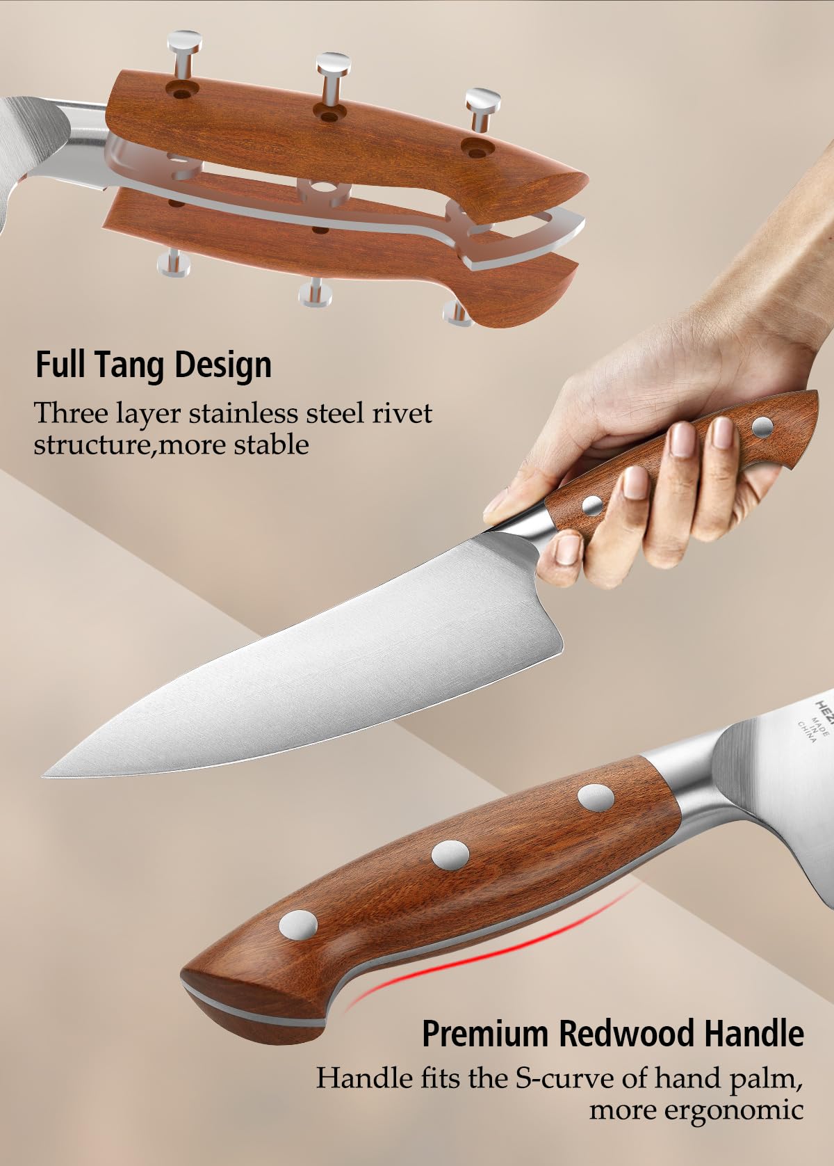 HEZHEN Pro Chefs Knives 8.3 Inch,High Carbon German 1.4116 Steel,Stainless Steel Rivets with Red Wood Handle，Razor Sharp,Super Edge,with Woodern Knife Sheath — Amazon image 5