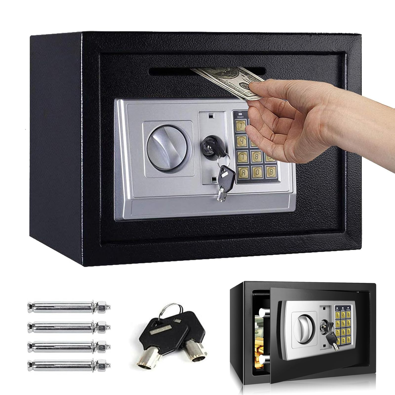 16L Large Digital Fireproof Safe Box Electronic Security Steel Safe Home Office Money Cash Safety Wall Box with Digital Keypad & 2 Keys, Personal Safes for Money Document Jewelry Passport Gun, Black