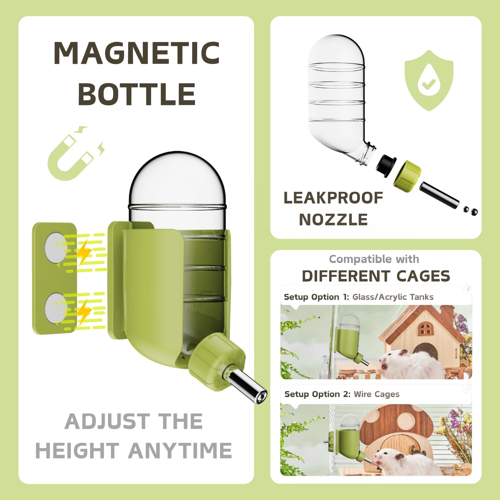Set d'alimentation Magnétique pour Rongeurs avec Bouteille d'eau & Bol pour Terrariums en Verre Hamster Doré Octodon (Vert, Fixation magnétique)