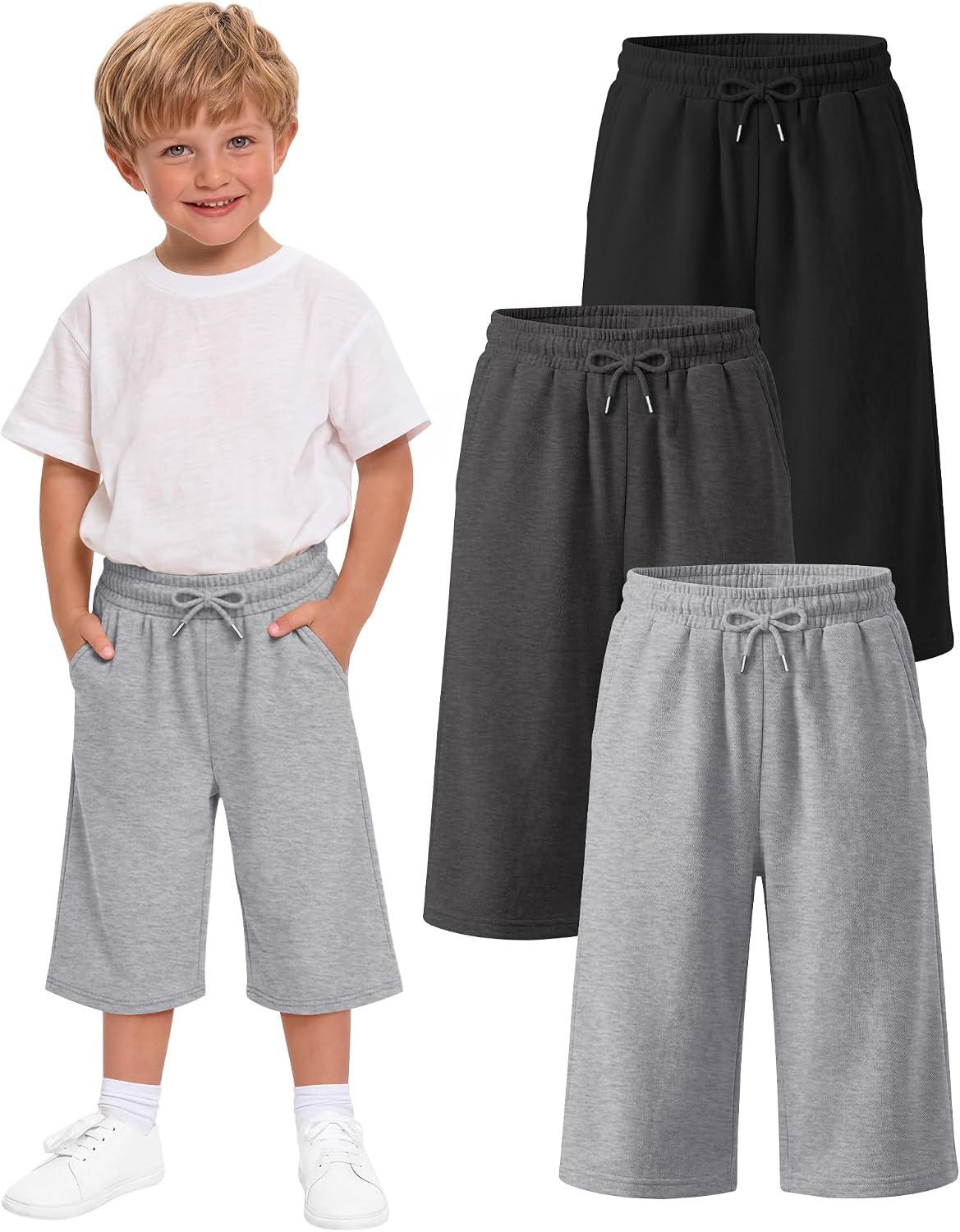 3 Pack Toddler Boys Capri Pants Loose Wide Leg Cropped Pants Kids Drawstring Sweatpants with Pockets 18M-6Y