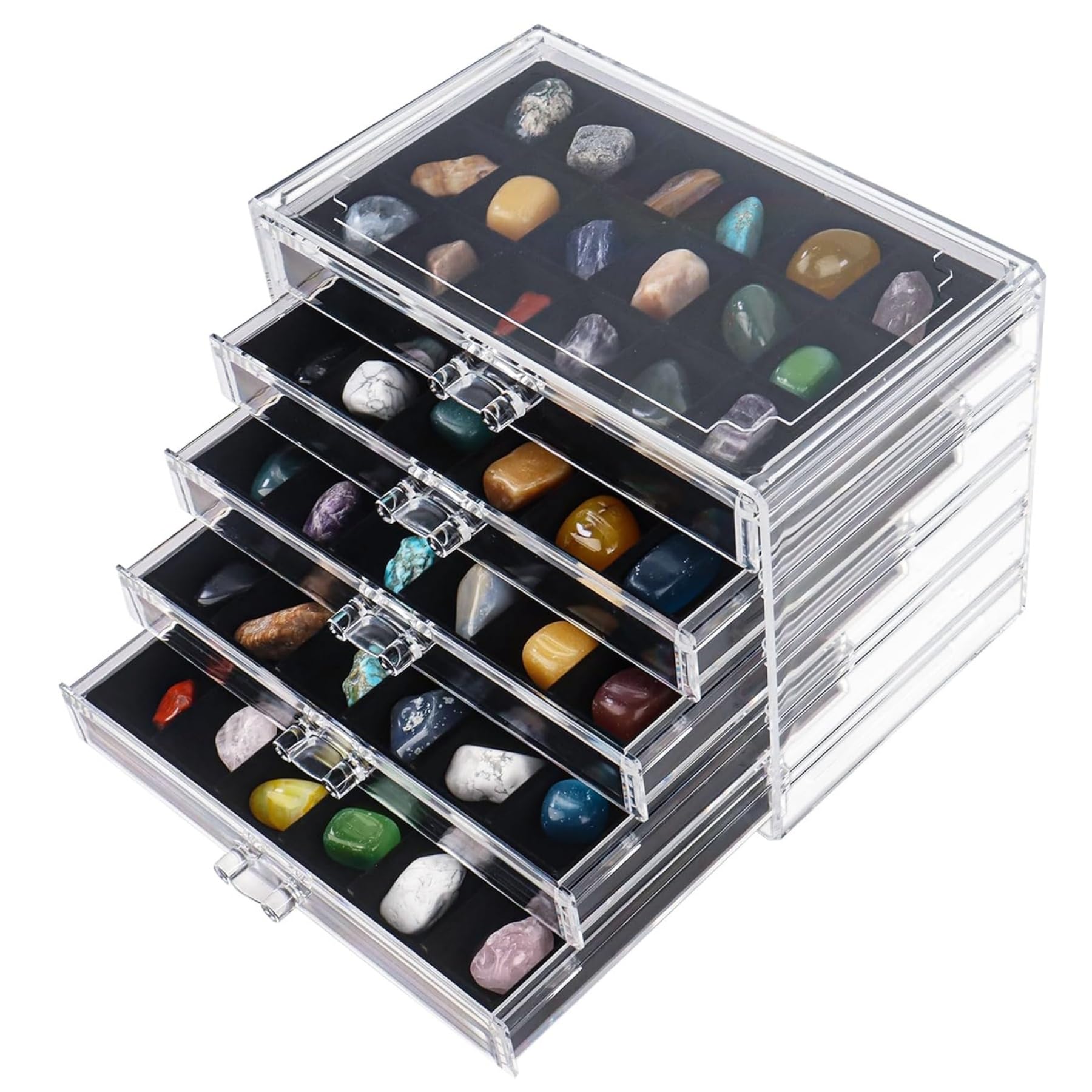 Vetrina per pietre, 5 cassetti, 90 scomparti, Box collezione Rock in acrilico, contenitore per piccole pietre, gemme, fossili, rocce preziose, collezione di gioielli (nero)