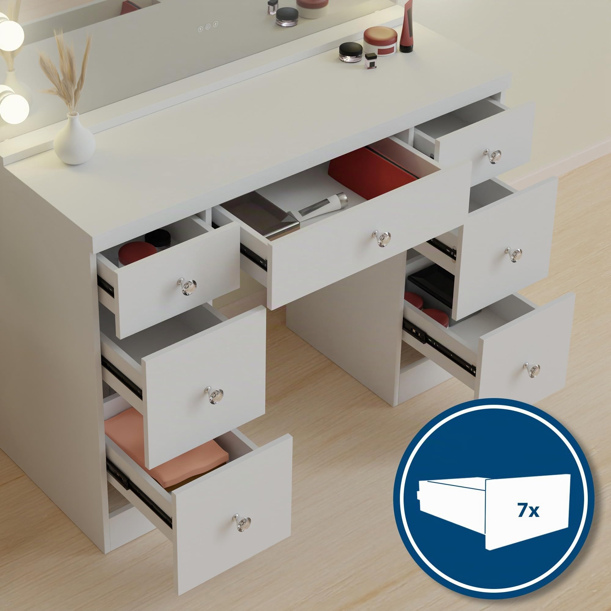 Coiffeuse Lerona avec Miroir Hollywood et éclairage LED, Table de Maquillage avec 7 tiroirs, Prises USB, Design Moderne, Couleur Blanc