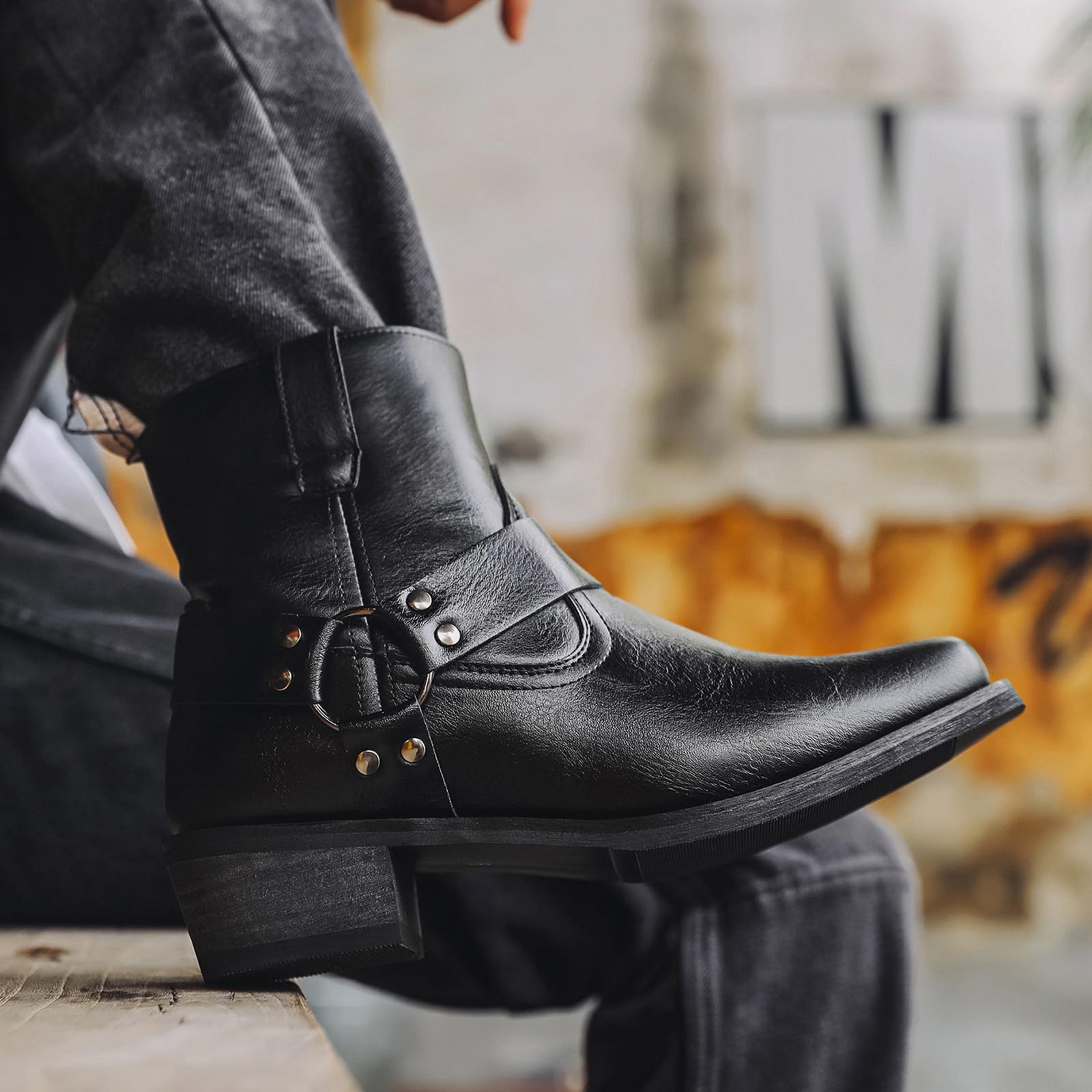 Herren Western Cowboy Stiefel Knöchelhoch Braun Motorrad-Harness-Stiefel Mit Blockabsatz Zum Hineinschlüpfen Chukka-Boots